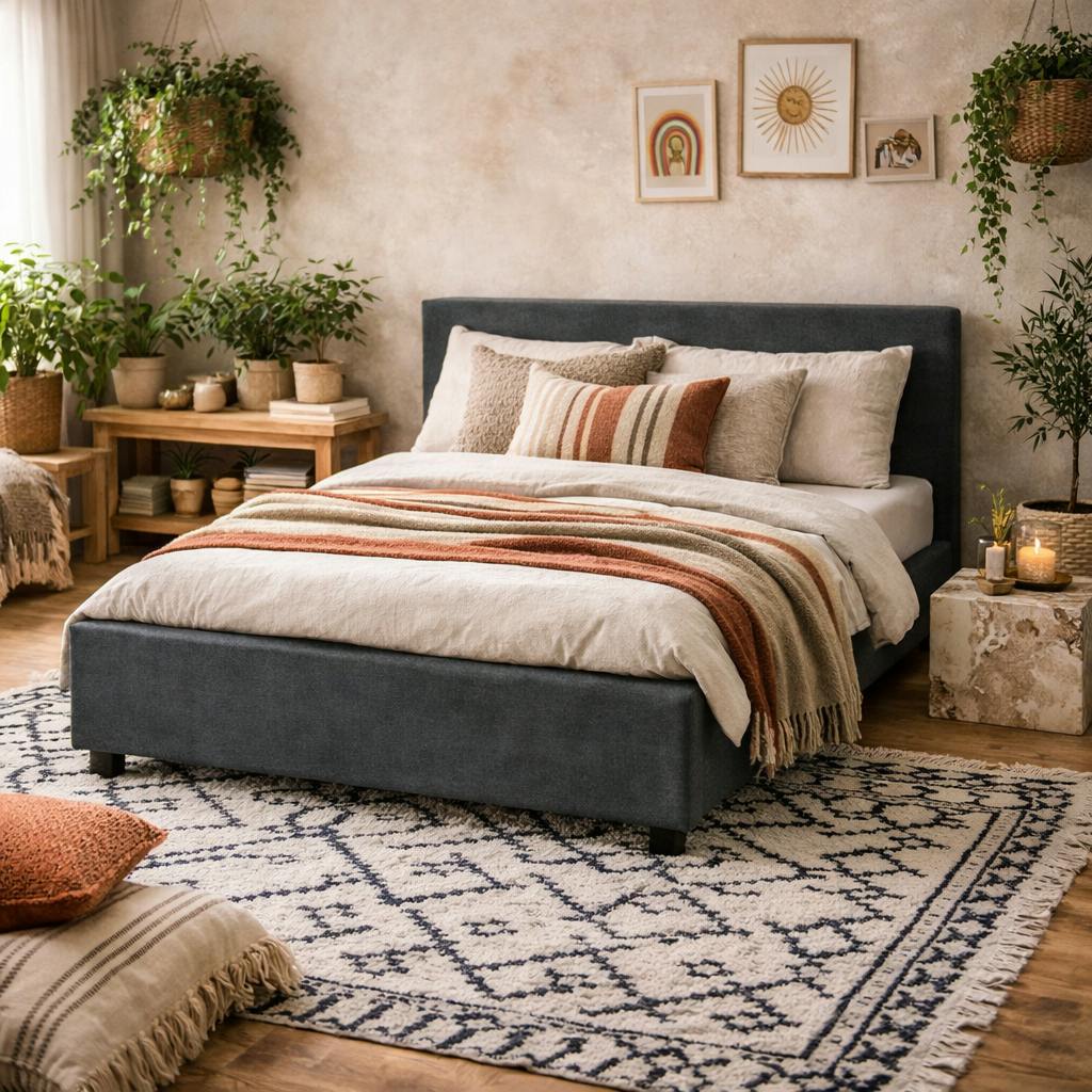 Wyld Haus Dark/Grey Portarlington Upholstered Twill 4Ft6 Double Size Bed With Headboard
