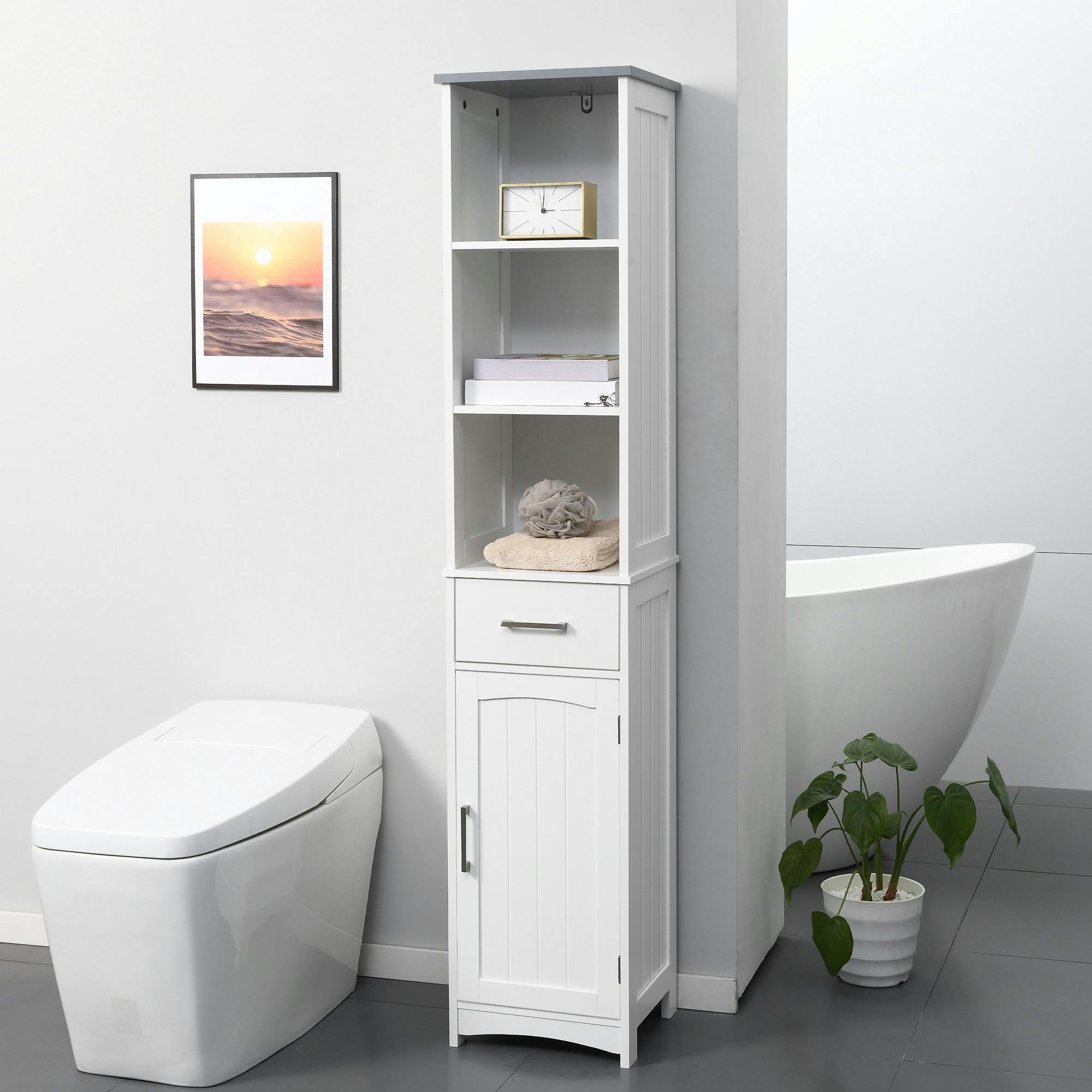 Rackhams White Tall Bathroom Storage Cabinet, Slim Freestanding Linen Tower,