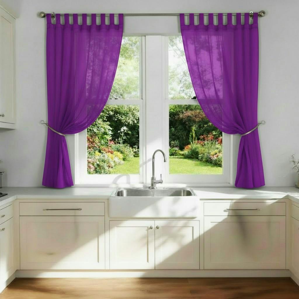 Rackhams Purple Voile Tab Top Curtain Pair With Crystal Tie Backs Sheer Window Panels - 150Cm Width X 229Cm Drop