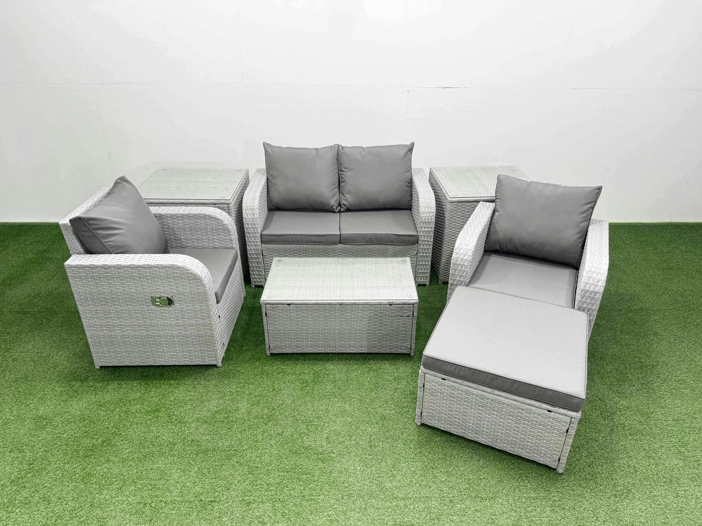 Rackhams Light/Grey 5-Seater Pe Rattan Sofa Set | Reclining Chair, Rectangular Coffee Table, Footstool, 2 Side Tables