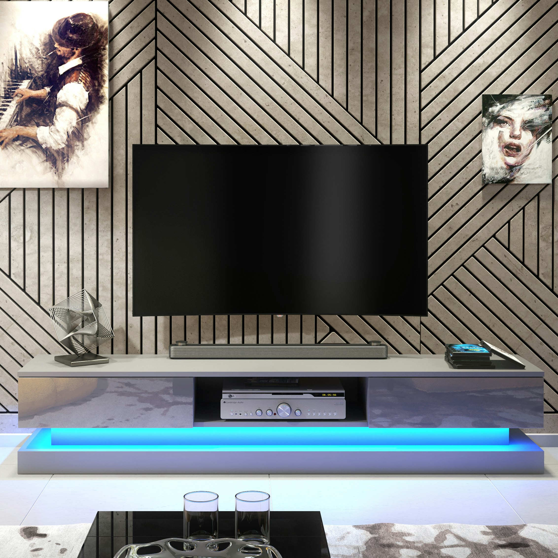 Rackhams Grey 180Cm Modern Tv Unit With High Gloss Doors & Free Led Lighting - 1 - Mdf/Chipboard 180 Cm