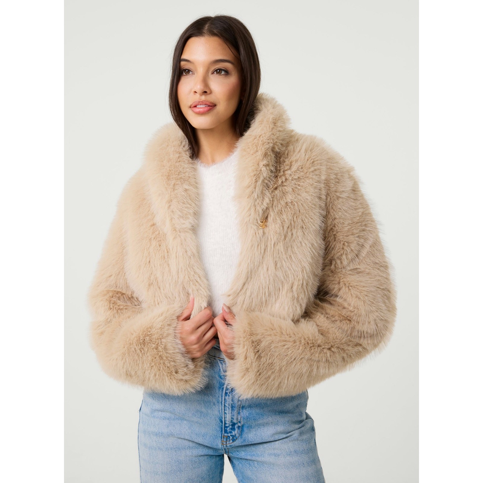 Pink Vanilla Crop Fur Jacket - L - Stone