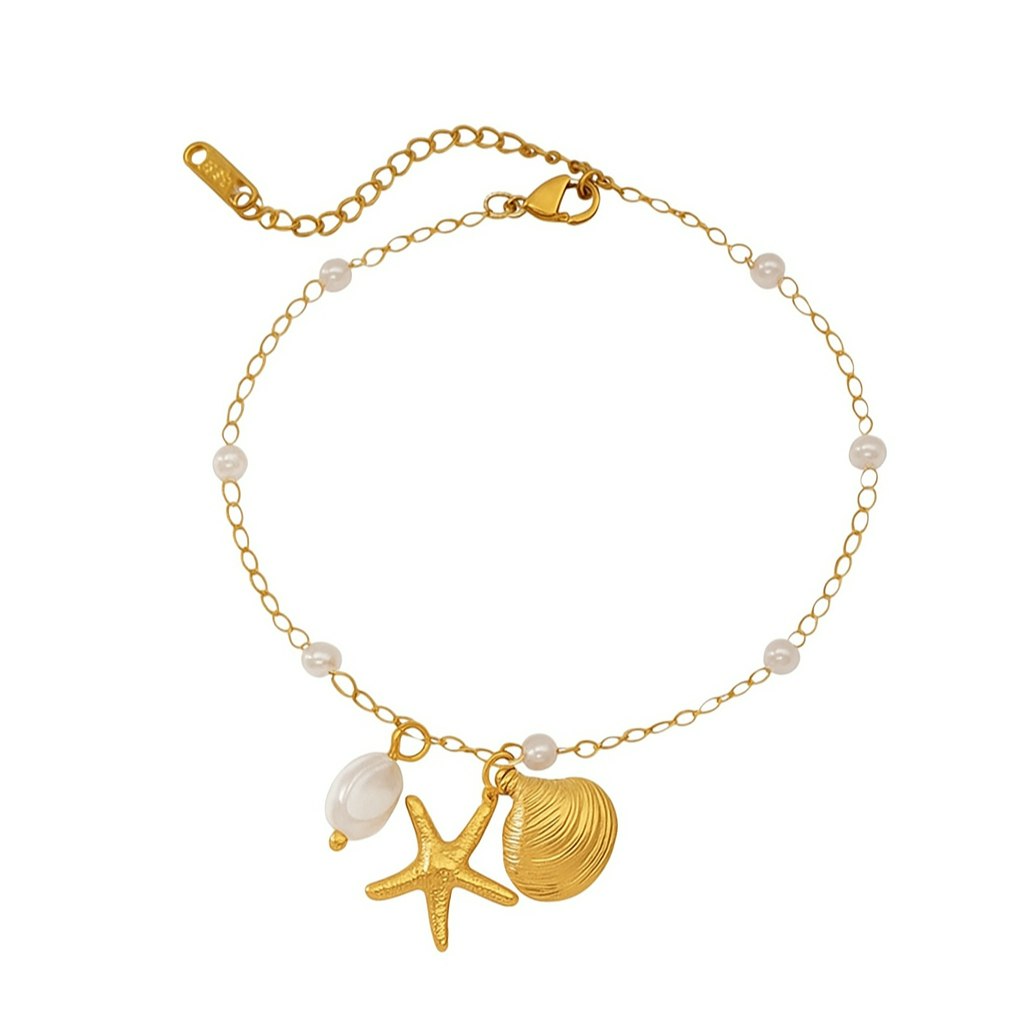 Luxe Tones Gold Ocean Luxe 18Ct Plated Pearl Anklet With Starfish And Shell Charms