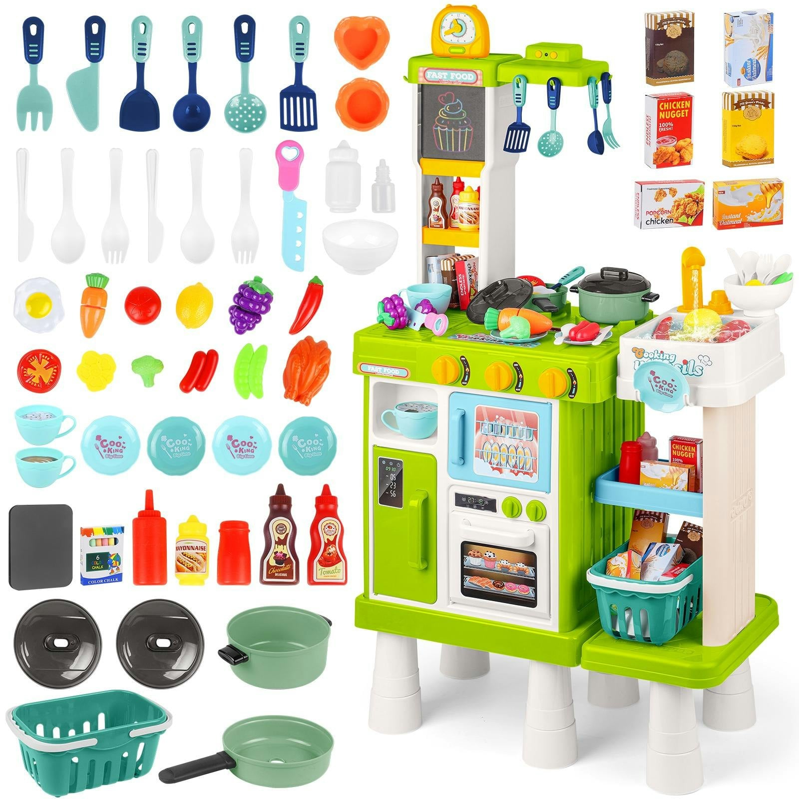 Deao Toys Green Kids Play Kitchen Set Pretend Cooking Toy