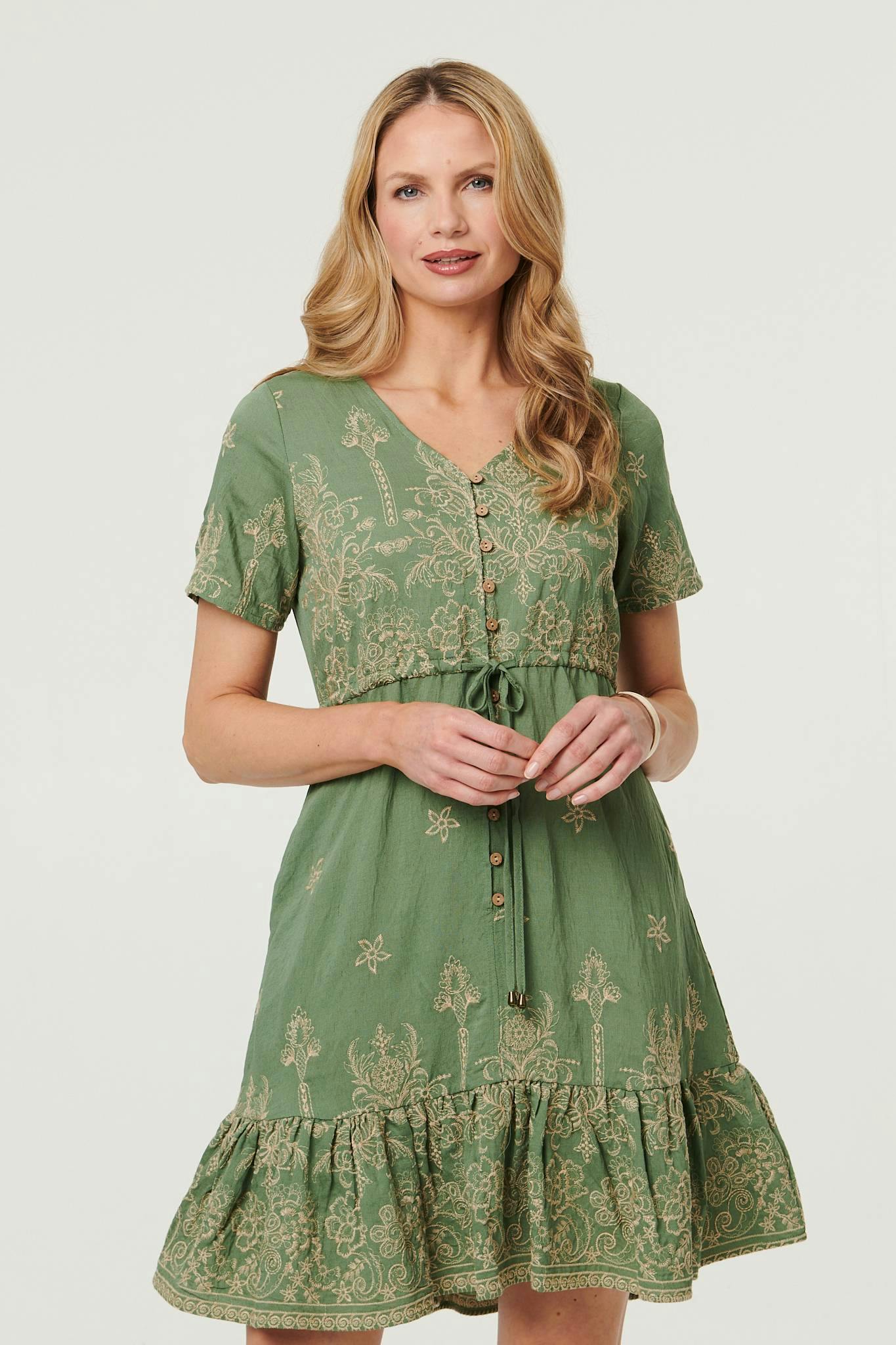 Izabel London Green Floral Embroidered Knee Length Dress - 10