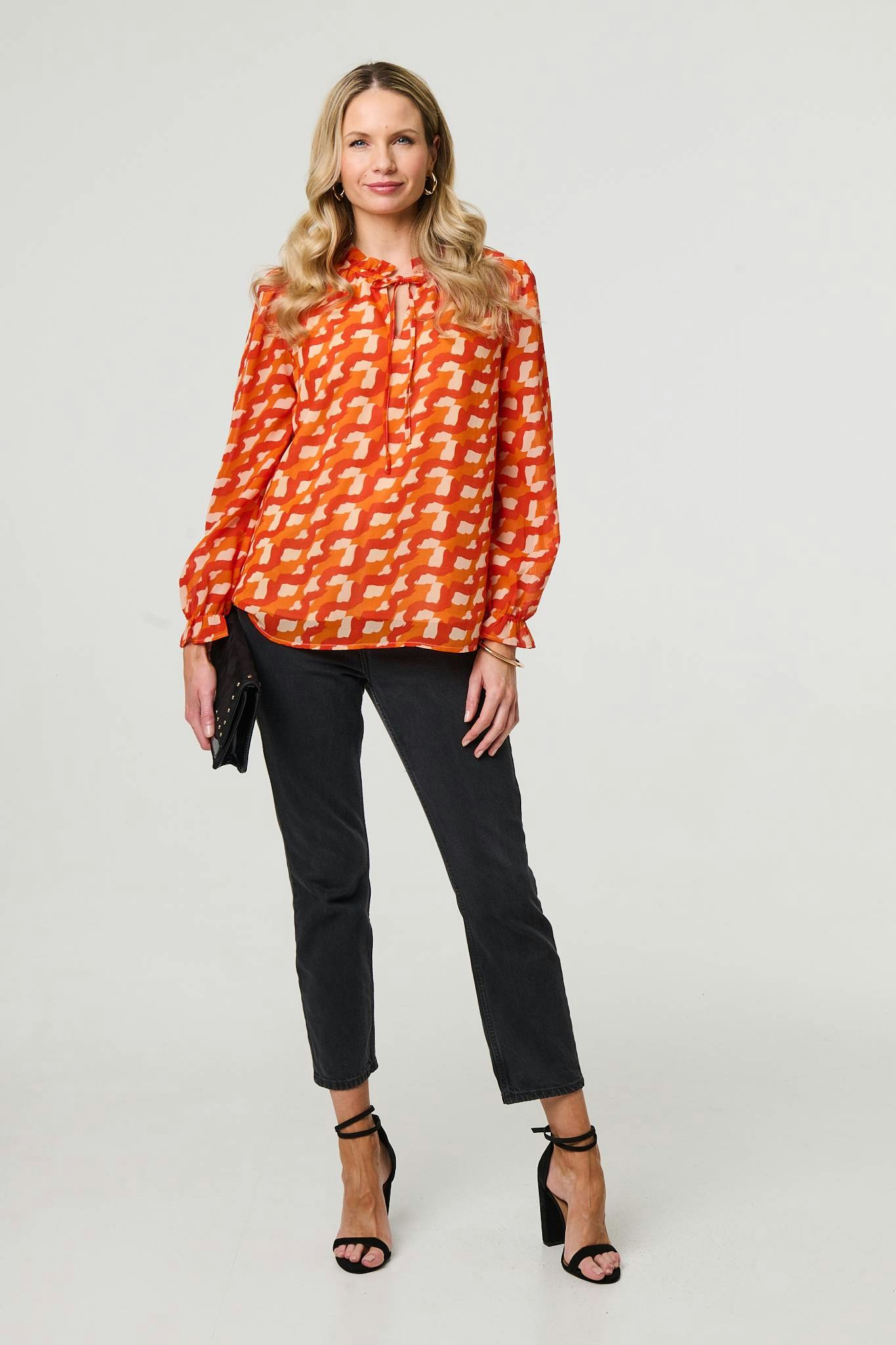 Izabel London Orange Printed Tie Neck Long Sleeve Blouse - S