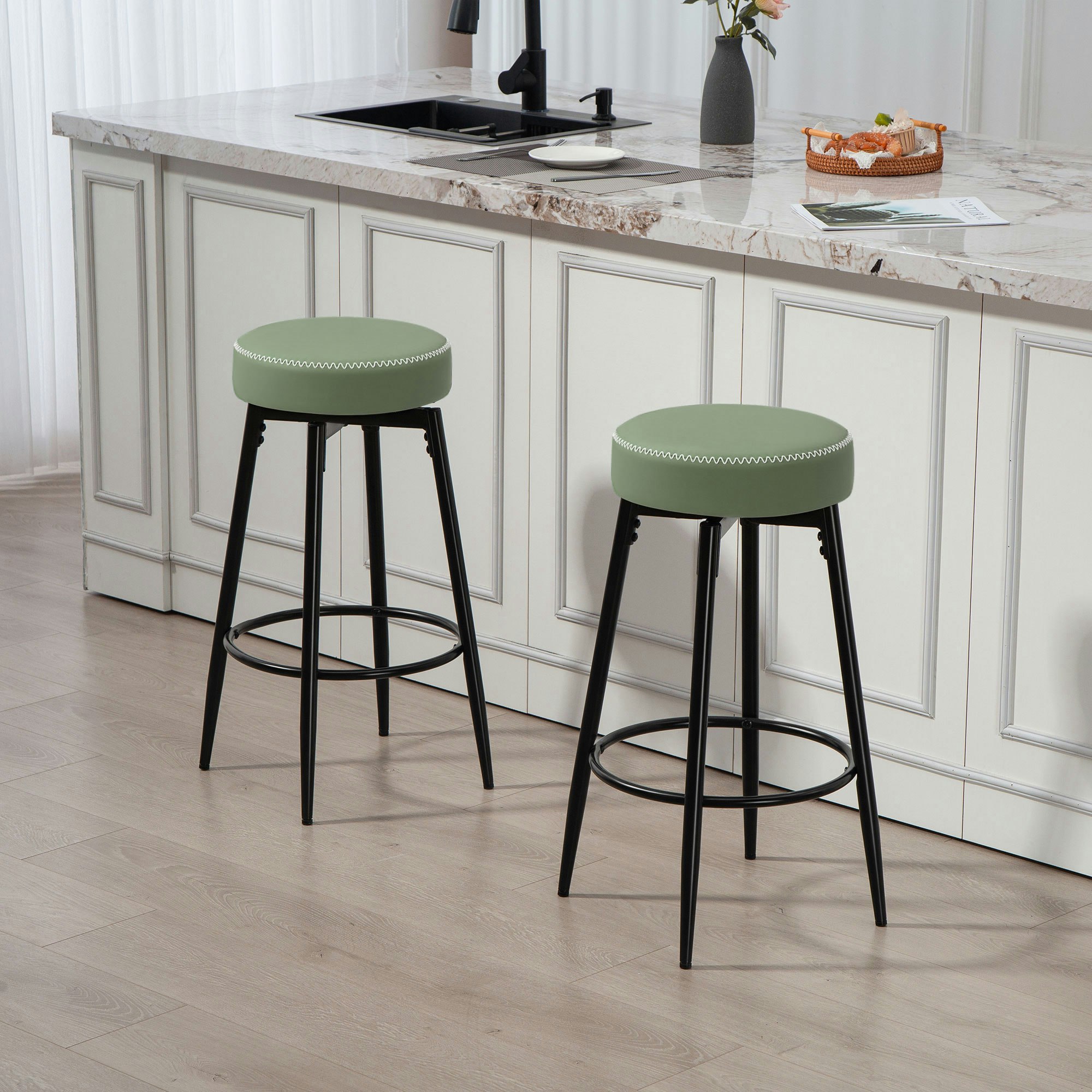 Homcom Green Swivel Bar Stools Set Of 2, Pu Leather Barstools With Footrest