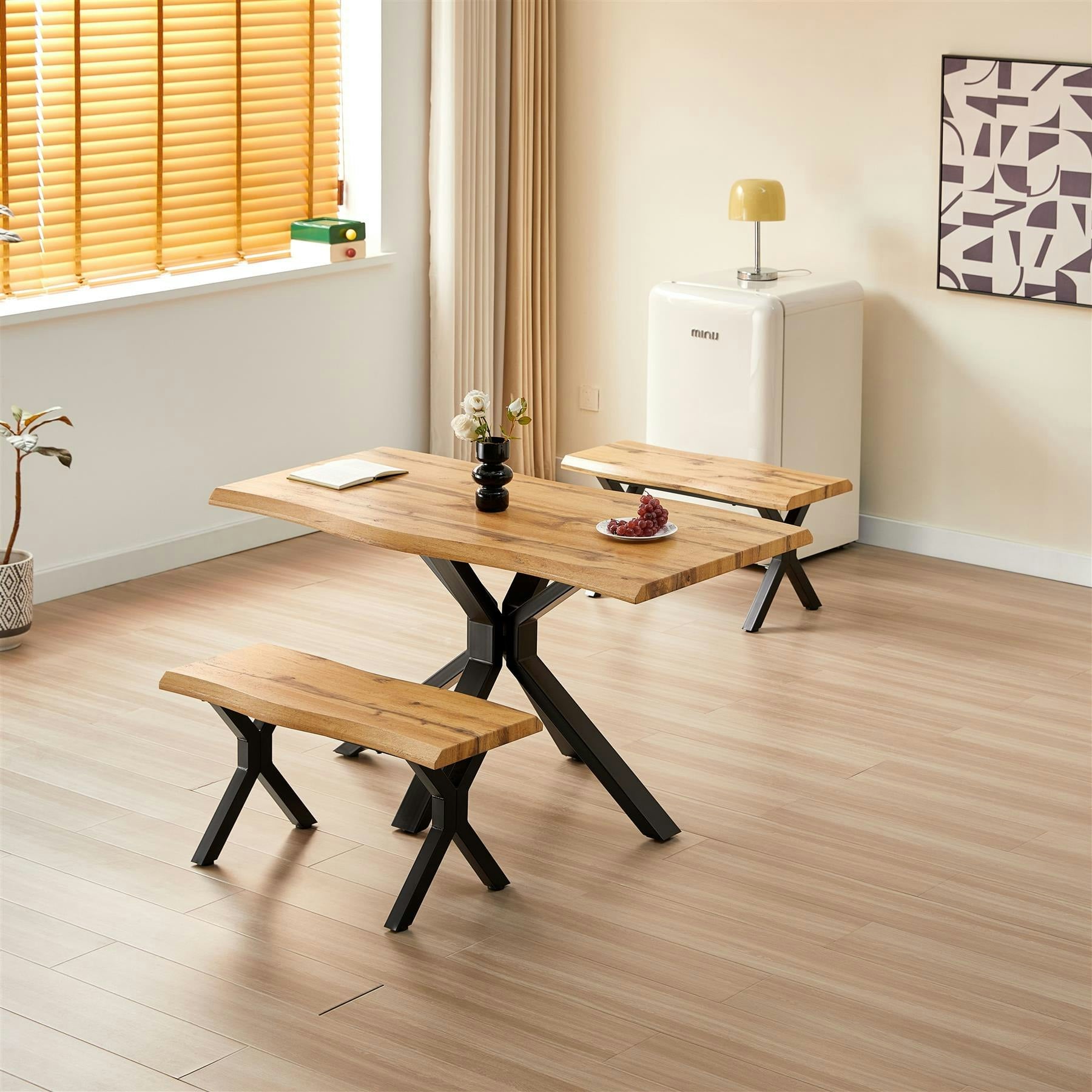 Kosy Koala Wooden Dining Table And 2 Benches Set With X-Shaped Iron Legs, Curved Edge For Dining Room