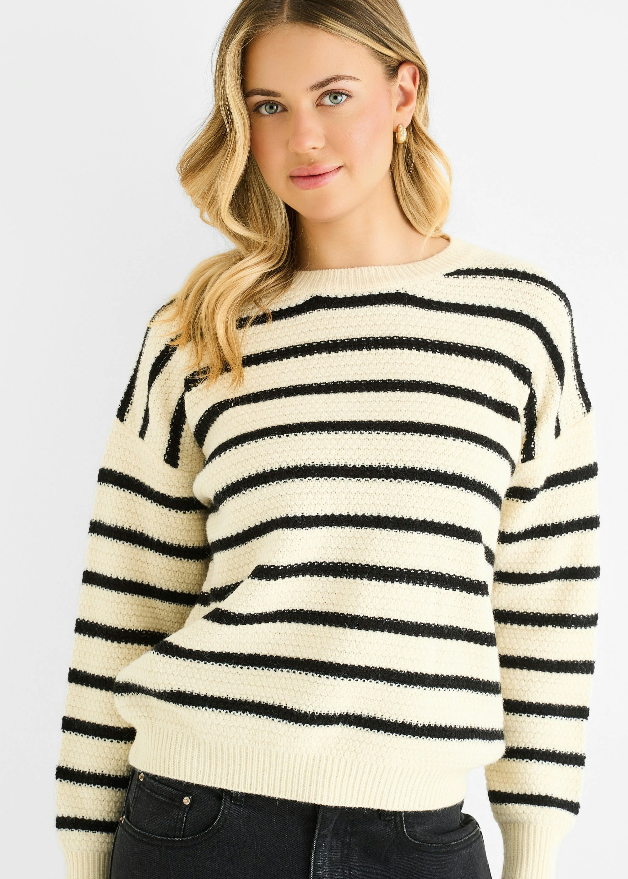 Gini London Beige Stripe Chunky Knit Oversized Jumper - L-Xl (Uk 14-16/Us 10-12/Eu 42-44)