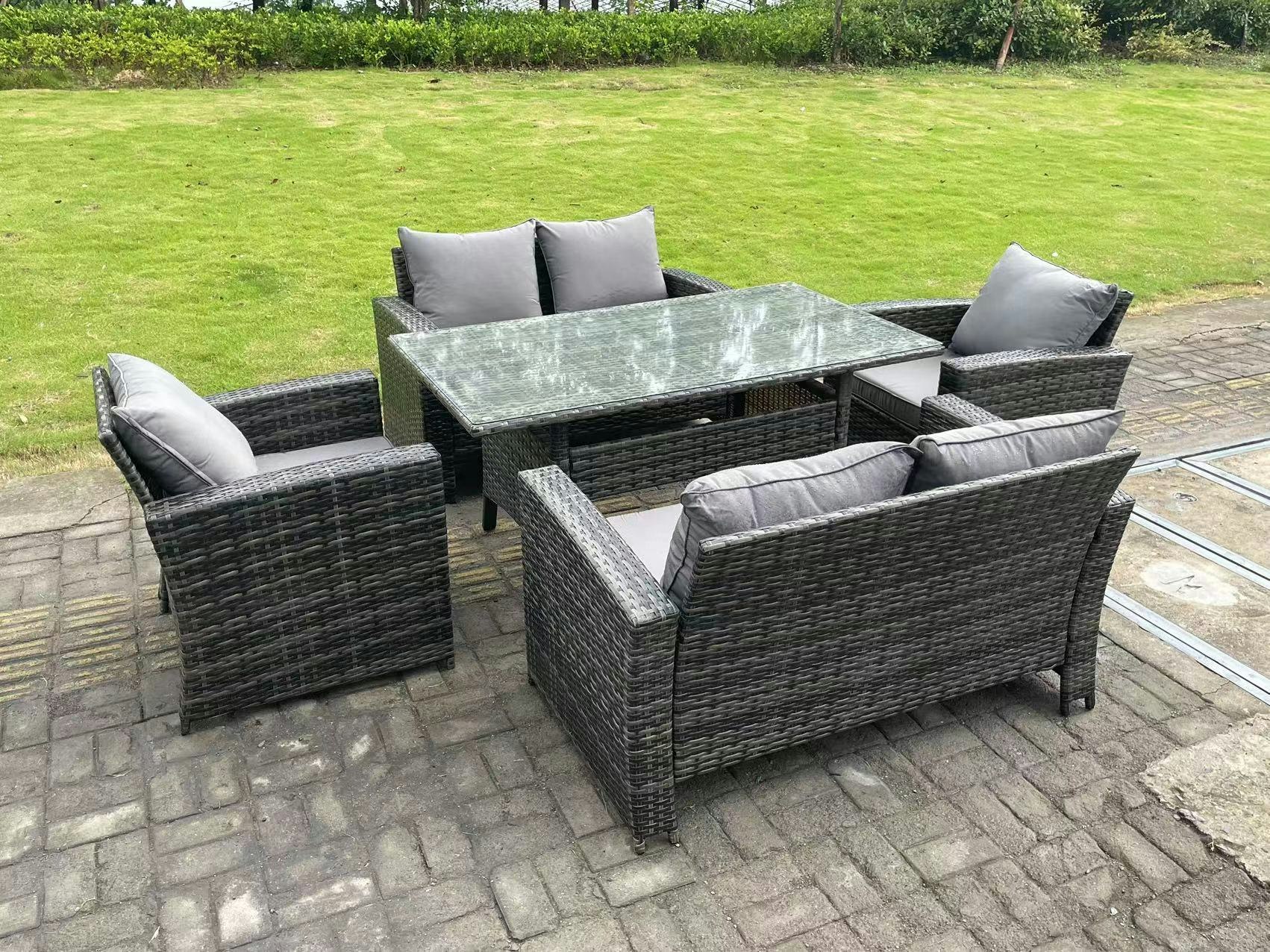 Rackhams Dark/Grey 6 Seater Outdoor Mixed High Back Rattan Sofa Dining Table Set Garden Furniture Arm Chairs Love Sofa
