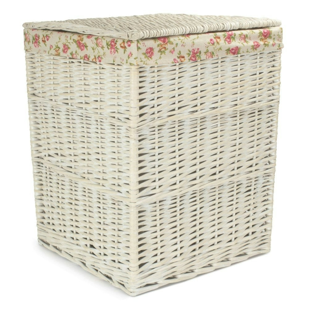 Rackhams White Small Square Wash Wicker Laundry Basket With Garden Rose Lining