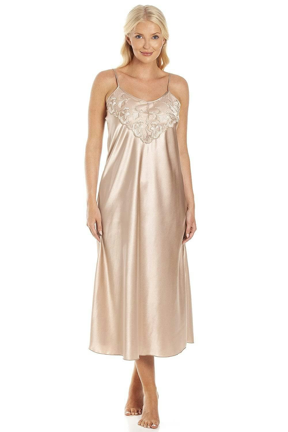 Camille Women's Luxury Thin Strap Lace Satin Chemise - Mocha - 14-16