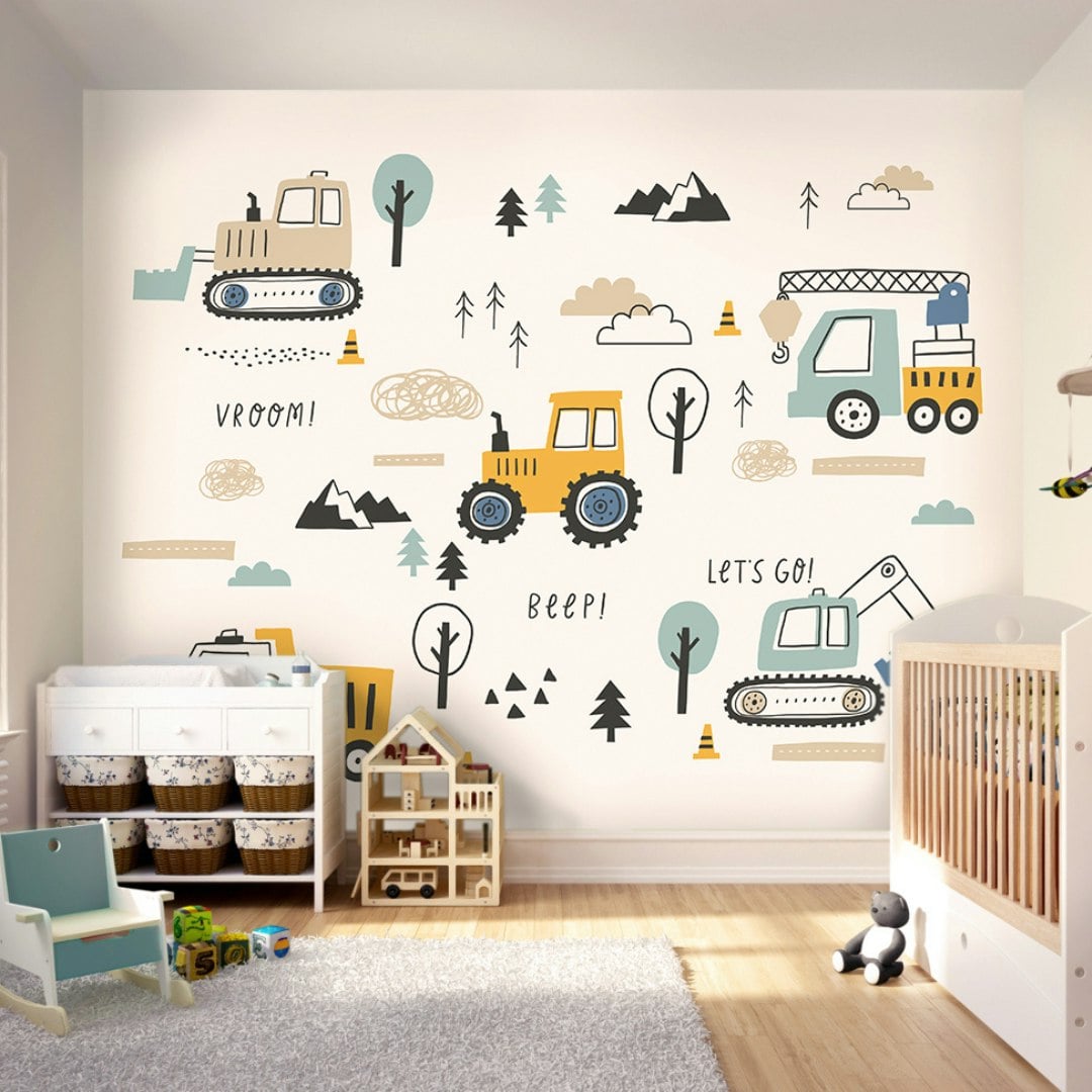 Rackhams Blue Tractors And Diggers Wall Mural - Large - W350cm X H280cm