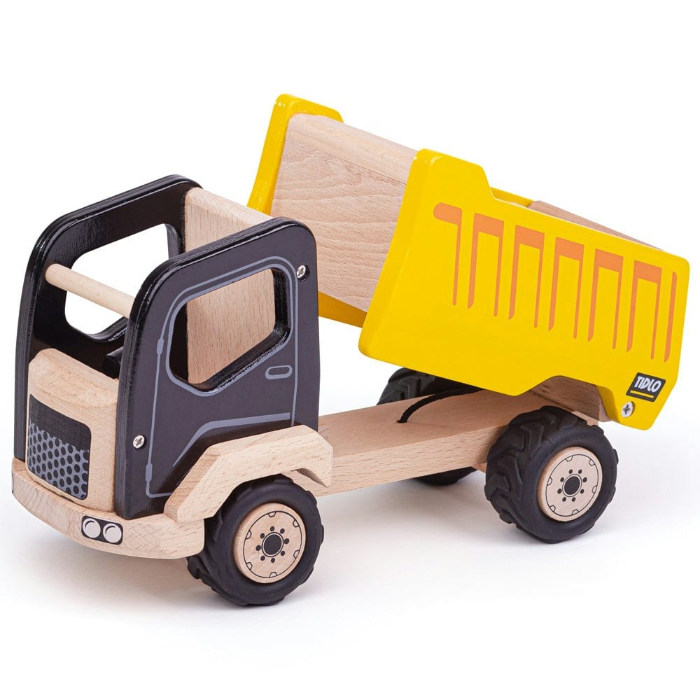 Tidlo Yellow Wooden Tipper Truck Toy - Features Working Tipper Bed & Moving Tailgate