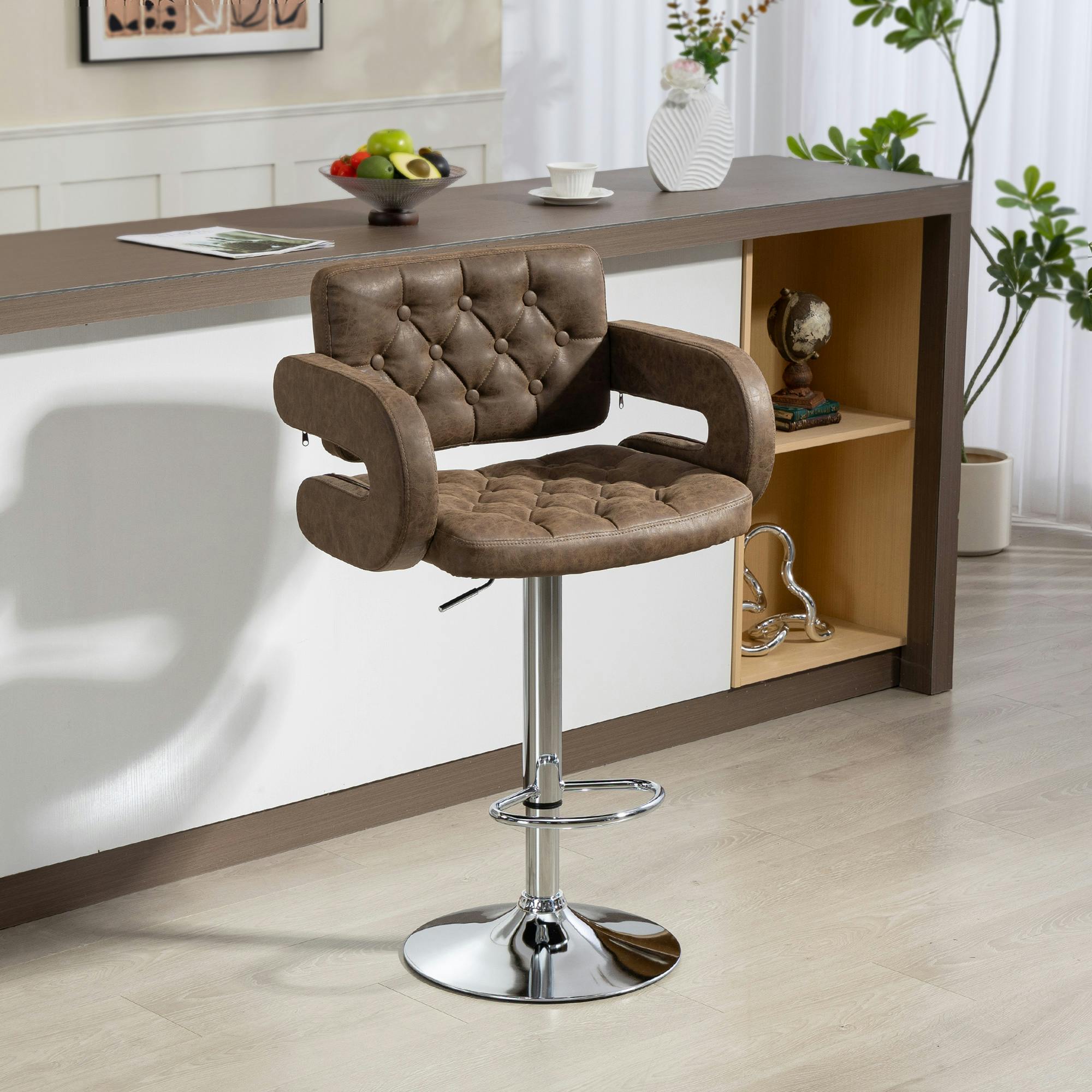 Rackhams Brown Adjustable Height Barstool Steel Pole Pu Leather, - Coffee