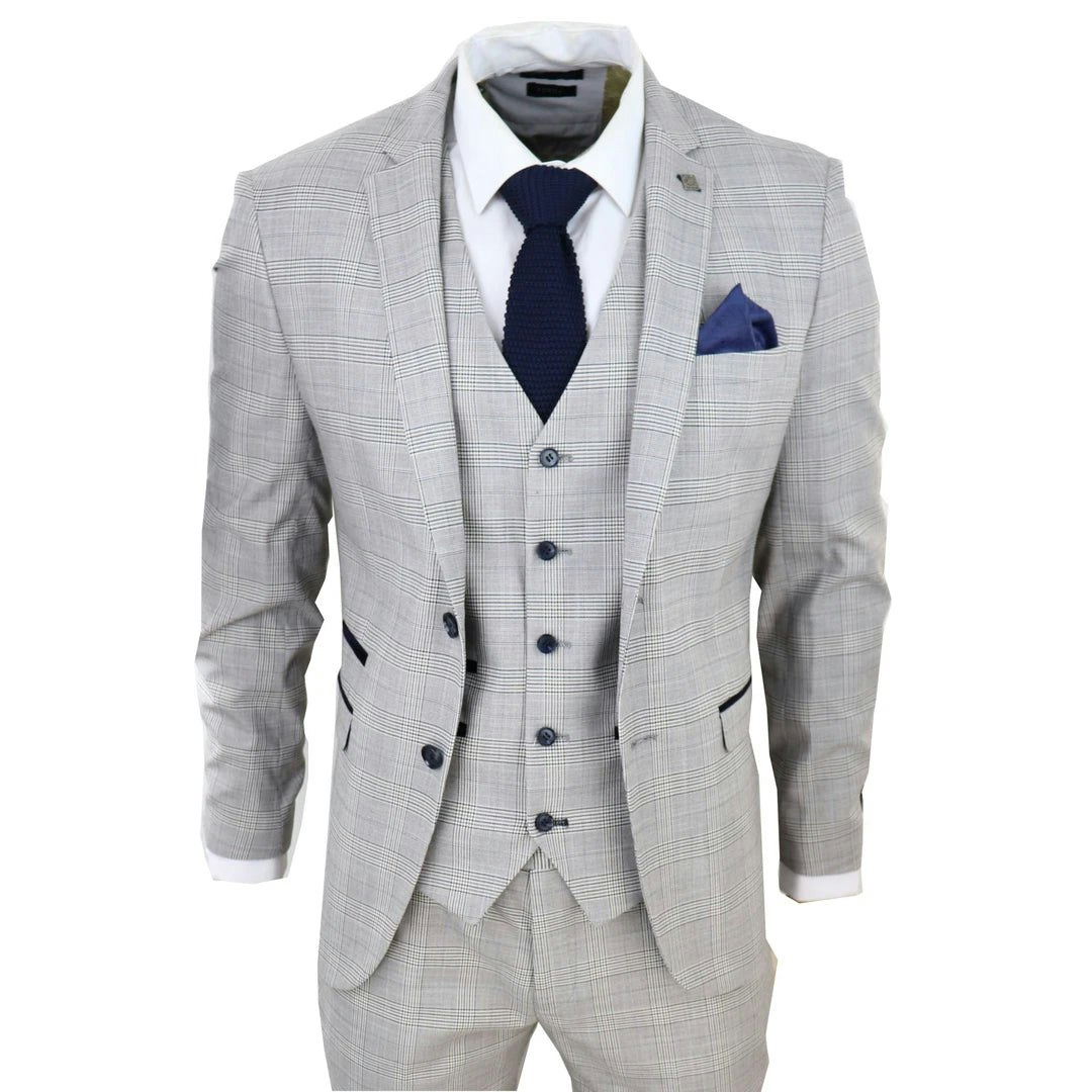 Paul Andrew Men's Light/Grey/Blue Hugo - 3 Piece Suit Navy Check Velvet Trims Wedding Classic - 38" Jacket 32" Trousers