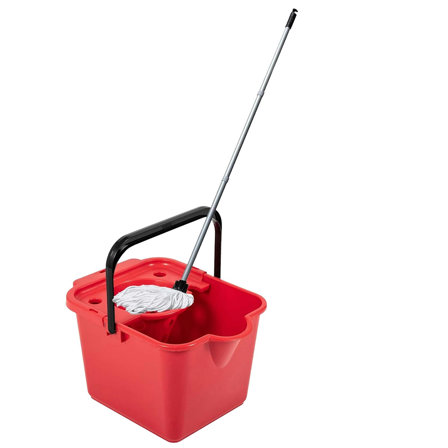 Rackhams Red 12L Mop & Bucket Set For Cleaning Hard Floors Complete With Pouring Lip & Cotton Mop - 2 X