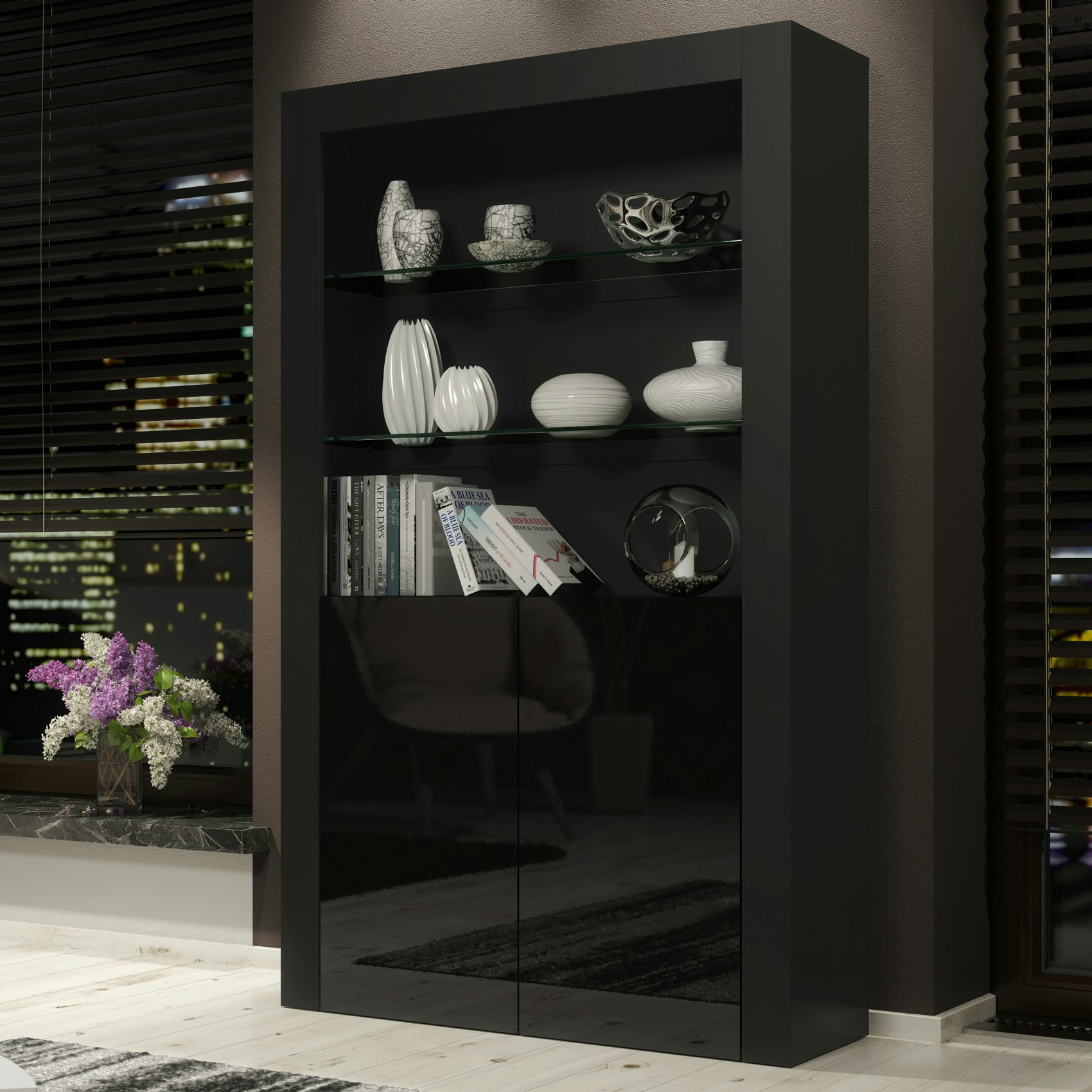 Rackhams Black Tall Display Cabinet 170Cm – Matt Body & Matt Doors - Matt Body & Gloss Doors - 170 - Full Assembly Required.