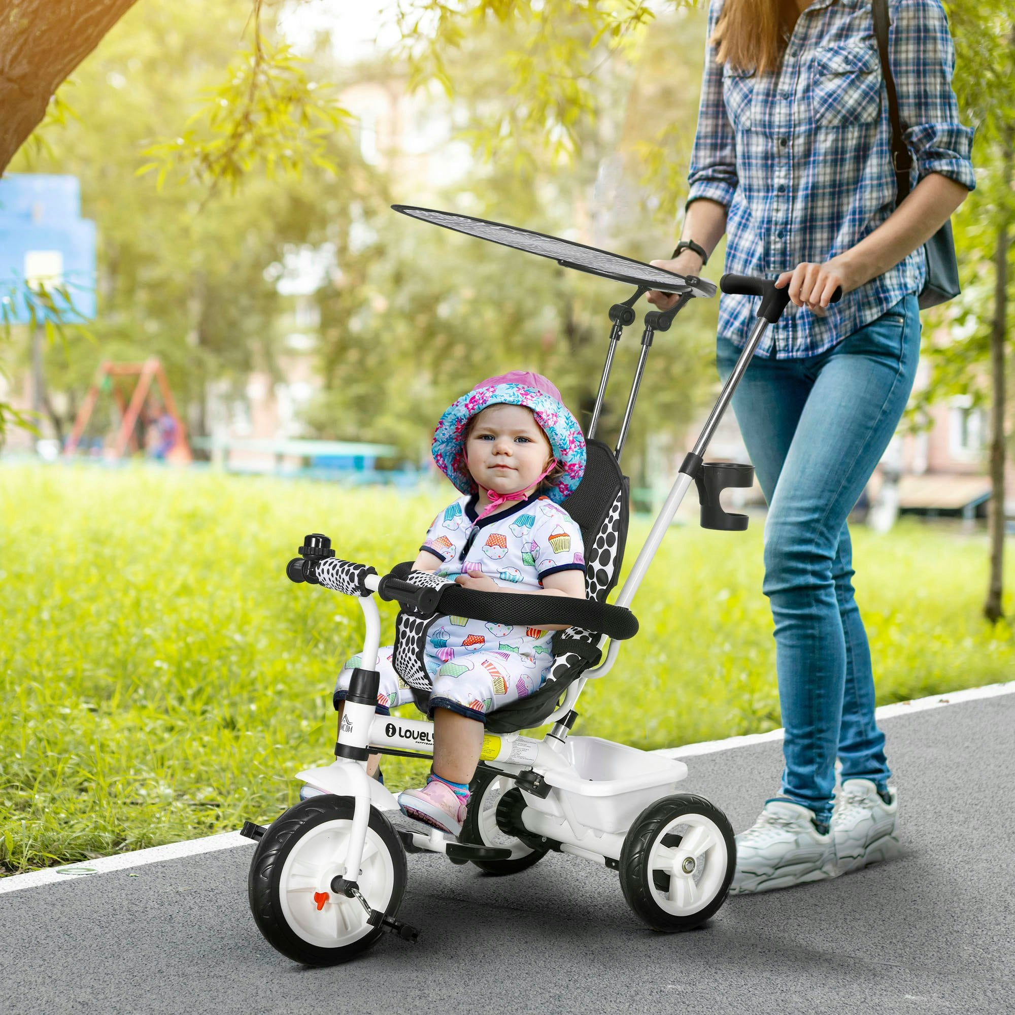 Homcom 6 In 1 Kids Tricycle W/ Removable Handle For 1.5+ Year, White - Image 3