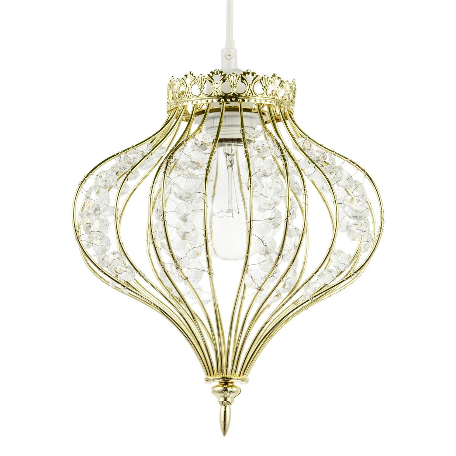 Happy Homewares Gold Unique Teardrop Shiny Pendant Lamp Shade With Clear Acrylic Beads