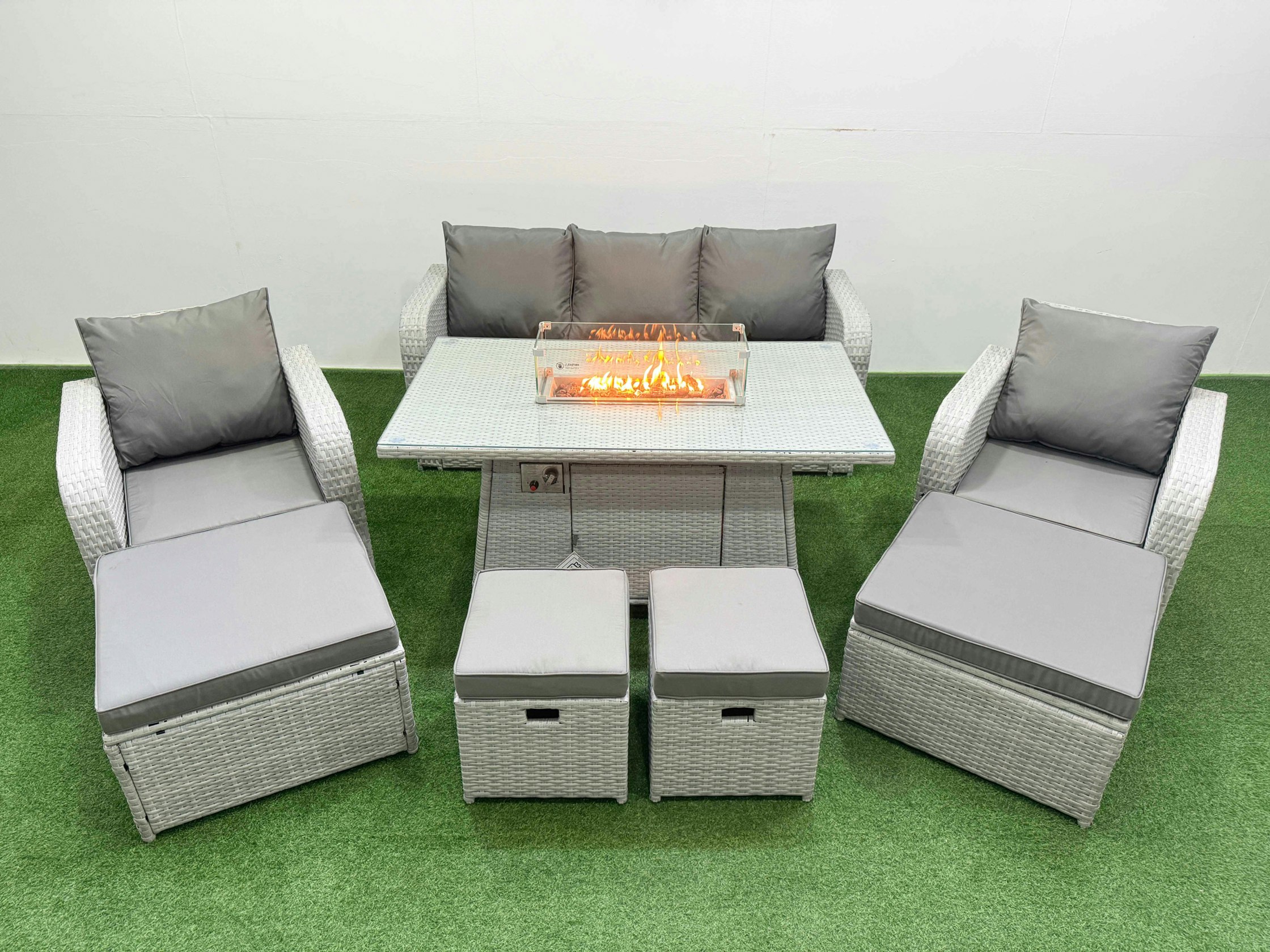 Fimous Light/Grey Pe Rattan Lounge Sofa Set 9 Seater Outdoor Garden Furniture Set With Gas Fire Pit Table 3 Seater Sofa 2 Big Footstools