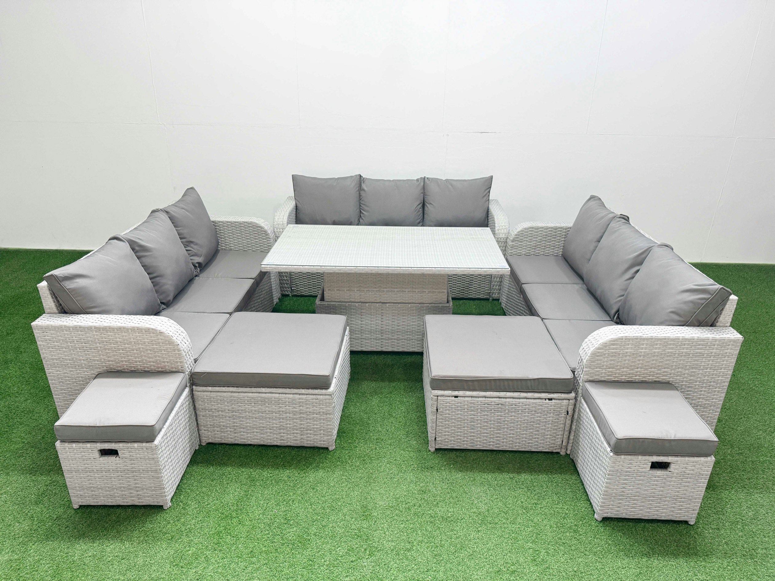 Fimous Light/Grey 8 Pieces Garden Rising Dining Table High Back Inclining Sofa Set 2 Big Footstool 2 Small Stool
