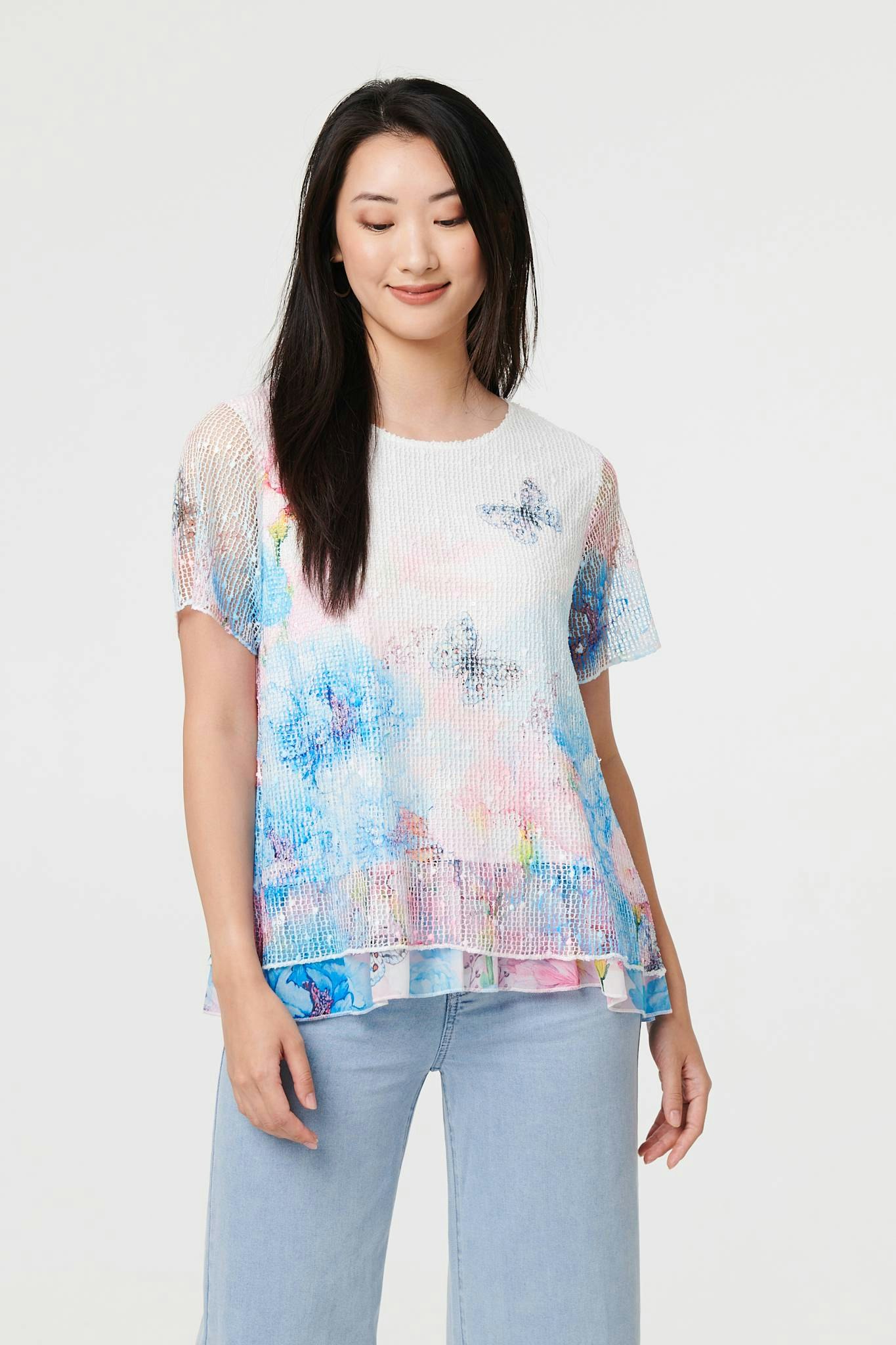 Izabel London Light Butterfly Print Mesh Layered Top - 12