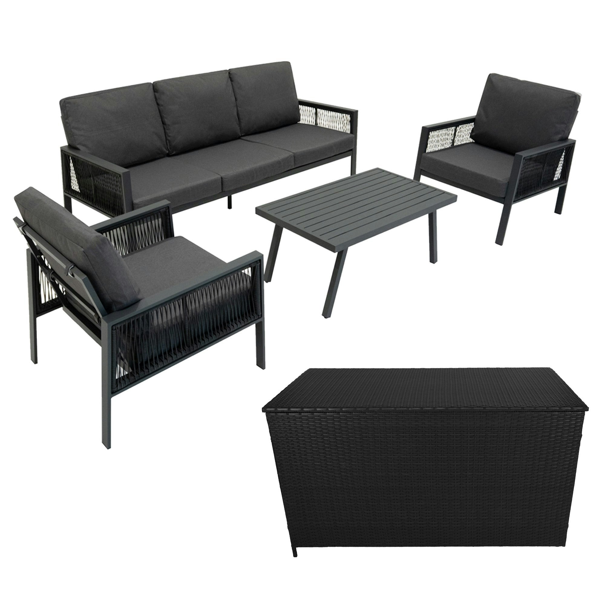 Rackhams Black/Anthracite/Grey Aluminium 4 Piece Sofa Set With Rattan Storage Box