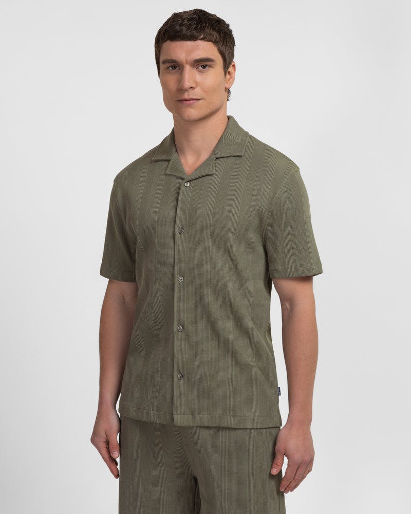 Steel & Jelly Charlton - Stripe Jacquard Waffle Short Sleeve Shirt - Sage - Xl
