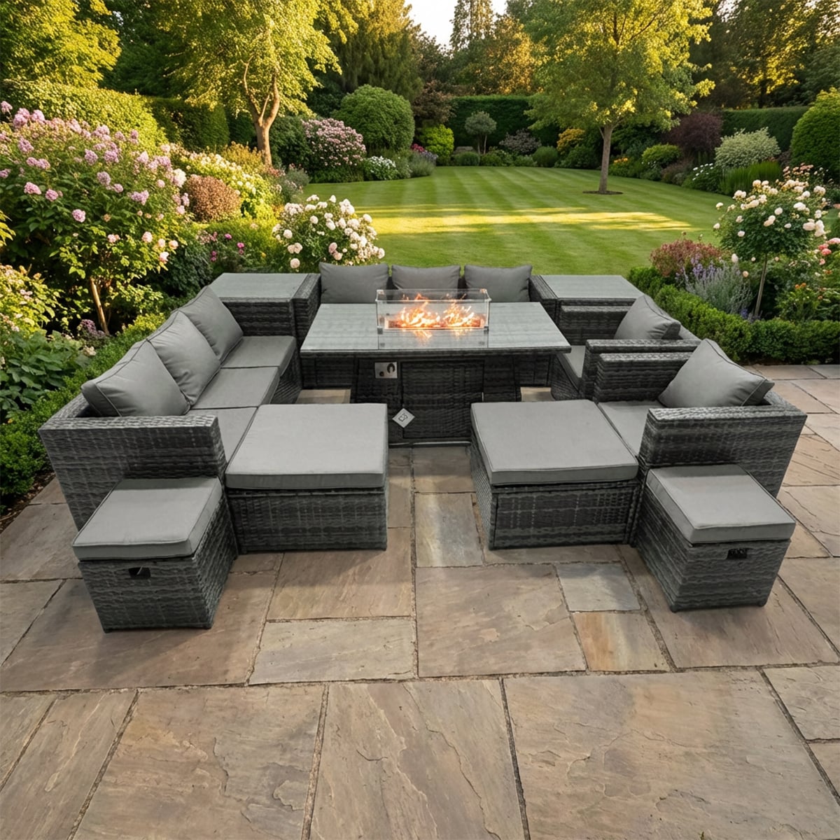 Rackhams Dark/Grey 12 Seater Rattan Furniture Set With Fire Pit Dining Table, 2 Sofas, 2 Chairs & 2 Footstools