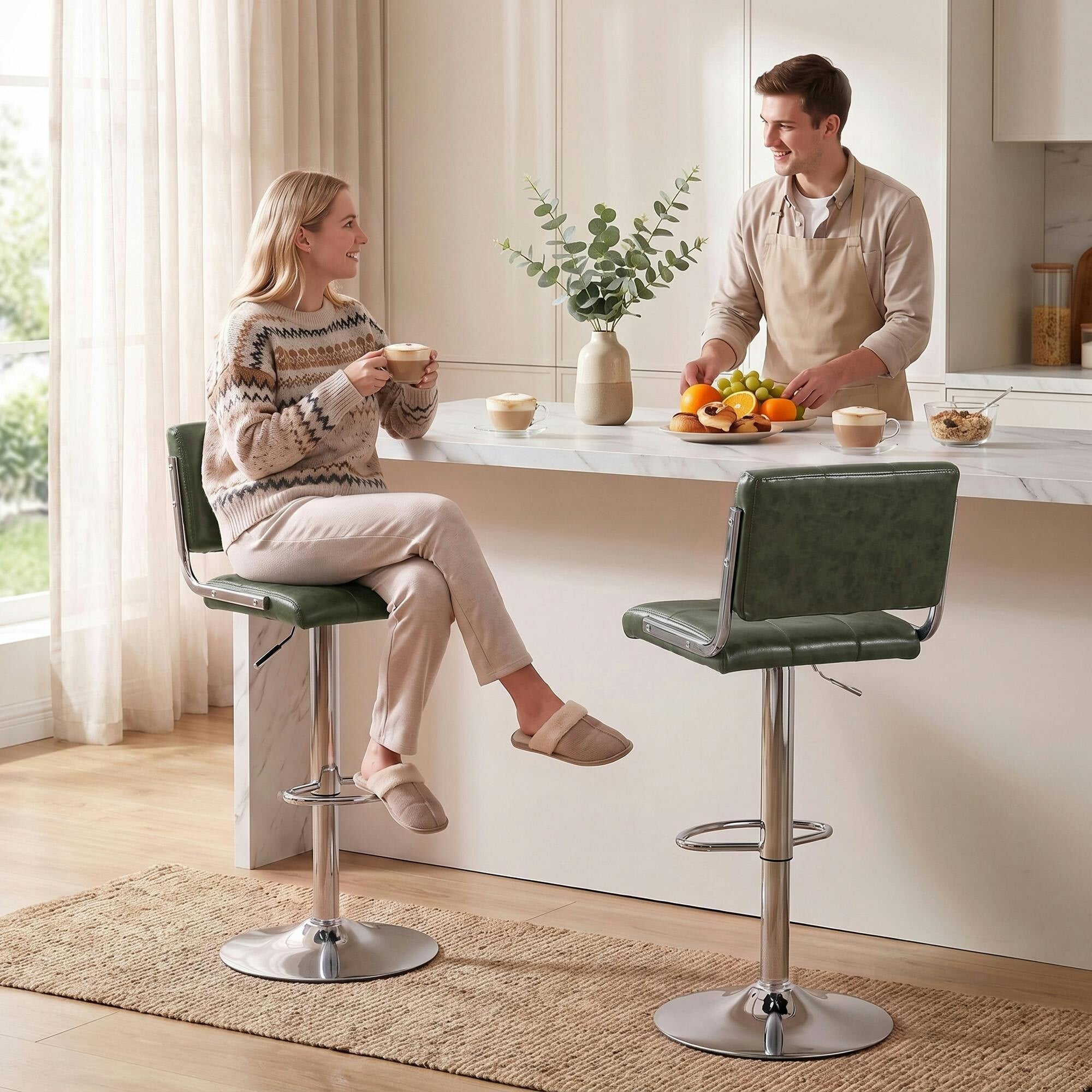 Homcom Green Adjustable Bar Stools Set Of 2 With Backrest