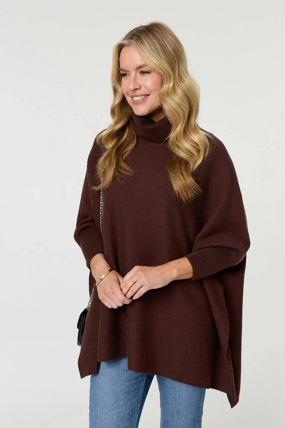 Izabel London Brown Oversized Roll Neck Pullover - One