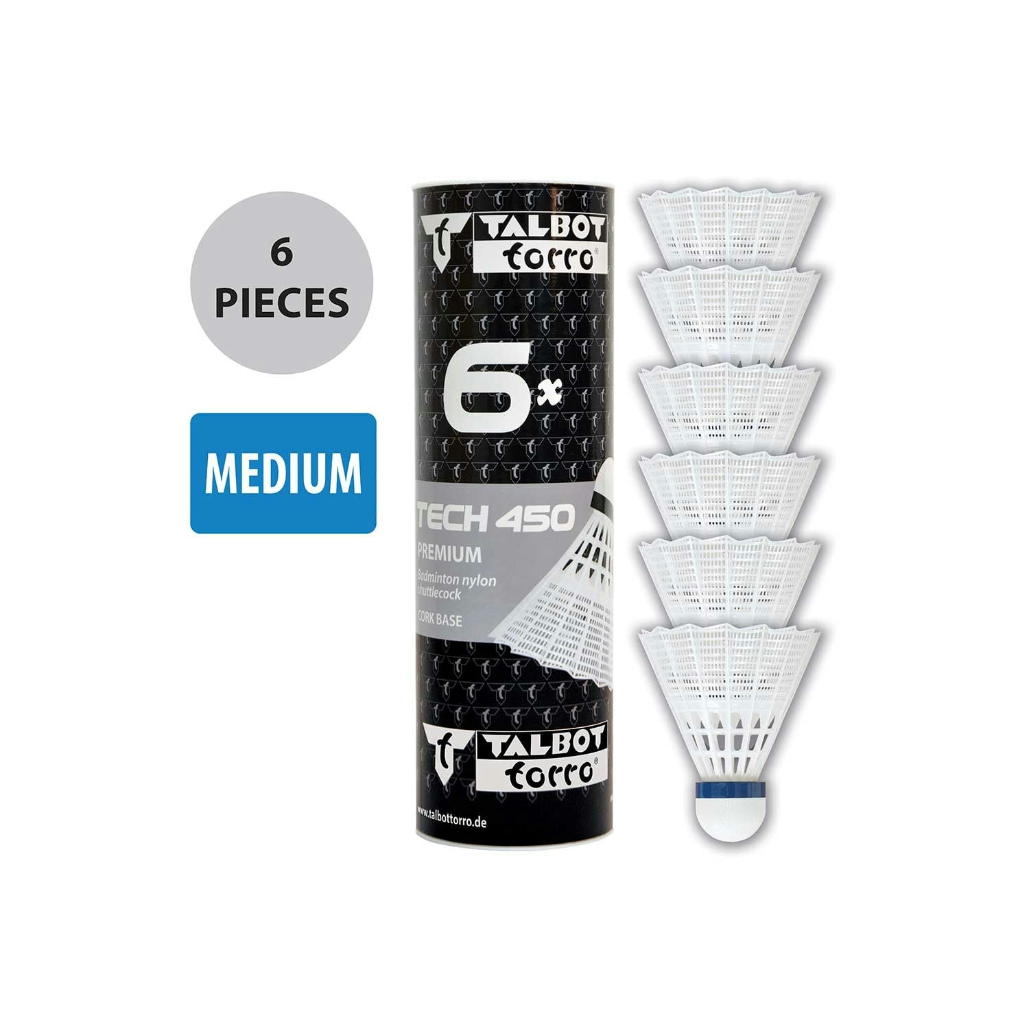 White Talbot-Torro Tech 450 Premium Medium Nylon Shuttlecocks - 6 Pack