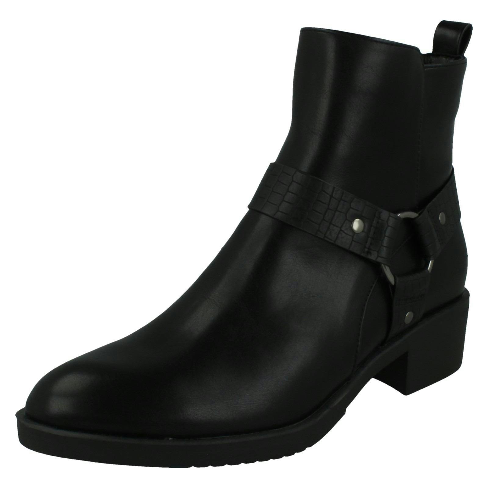 Spot On Women's Black Low Ankle Boots With Ring Trim Strap F51240 - Uk 8