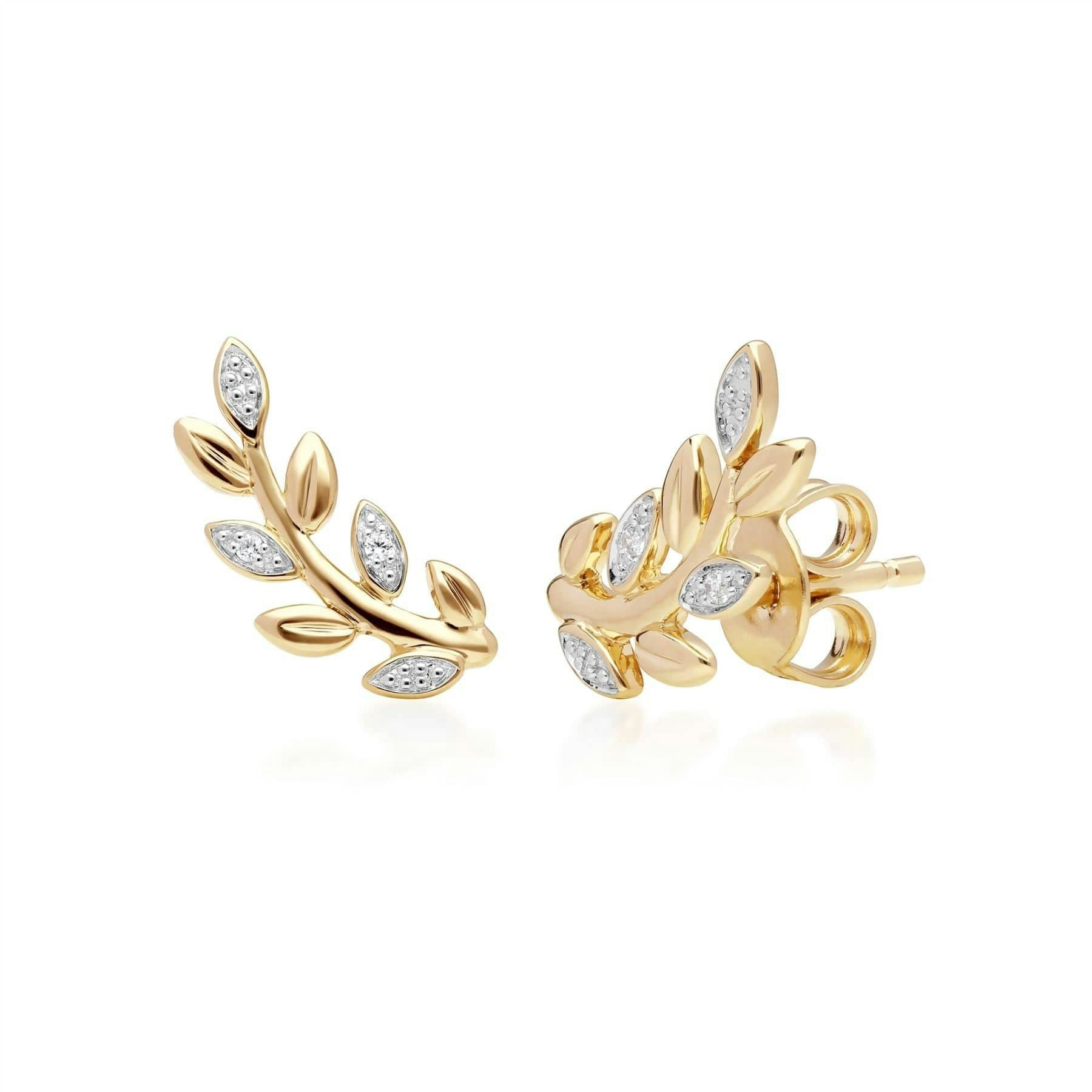Gemondo Yellow/Gold O Leaf Diamond Pave Stud Earrings In 9Ct