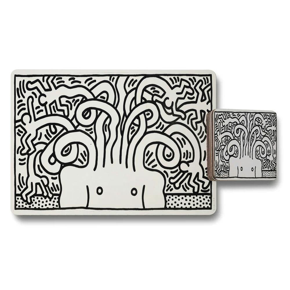 Rackhams Black/White Monochrome Abstract Line Art Placemat And Coaster Set