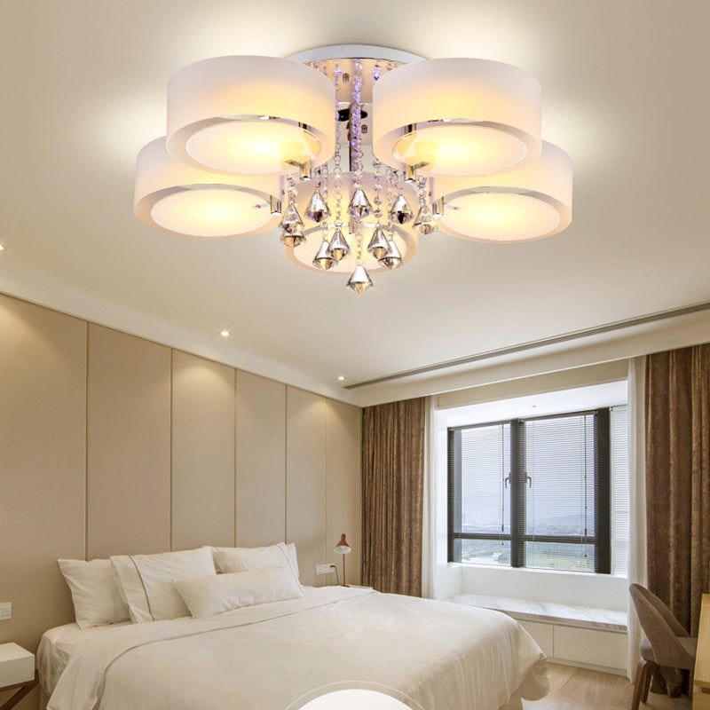 Rackhams Light Ceiling Semi-Flush Mount, Cylindrical Acrylic Lampshades, Crystal Drops - 5 Cylindrical Shades