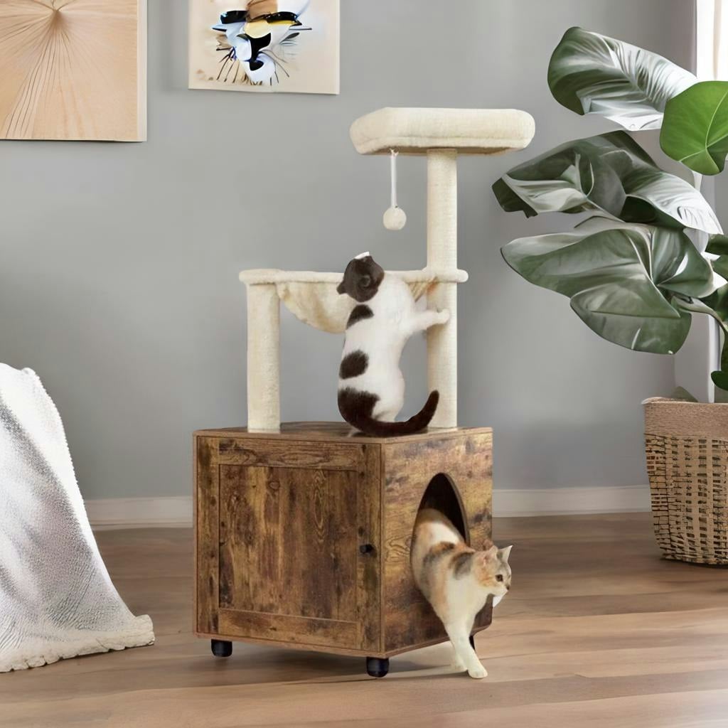 Rafaelo Mobilia Brown Cat Litter Box Enclosure With Tree Tower