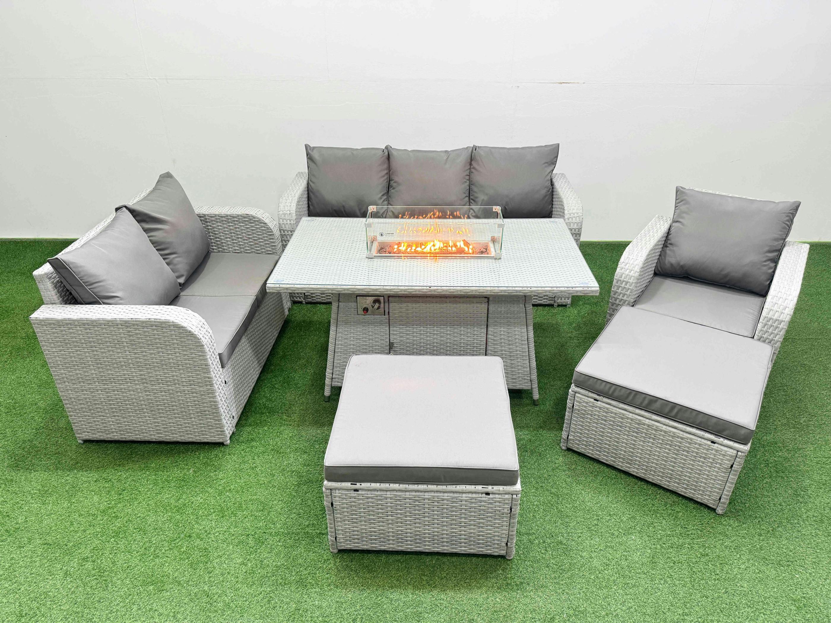 Rackhams Light/Grey 8 Seater Pe Wicker Rattan Garden Furniture Patio Set, Firepit Table, Reclining Chair, Loveseat, 3 Seater Sofa, 2 Big Footstools,