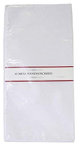 Kav Men's White Poly/Cotton Handkerchiefs Pack Of 10 With Imprinted Border Detail. (Hankies)