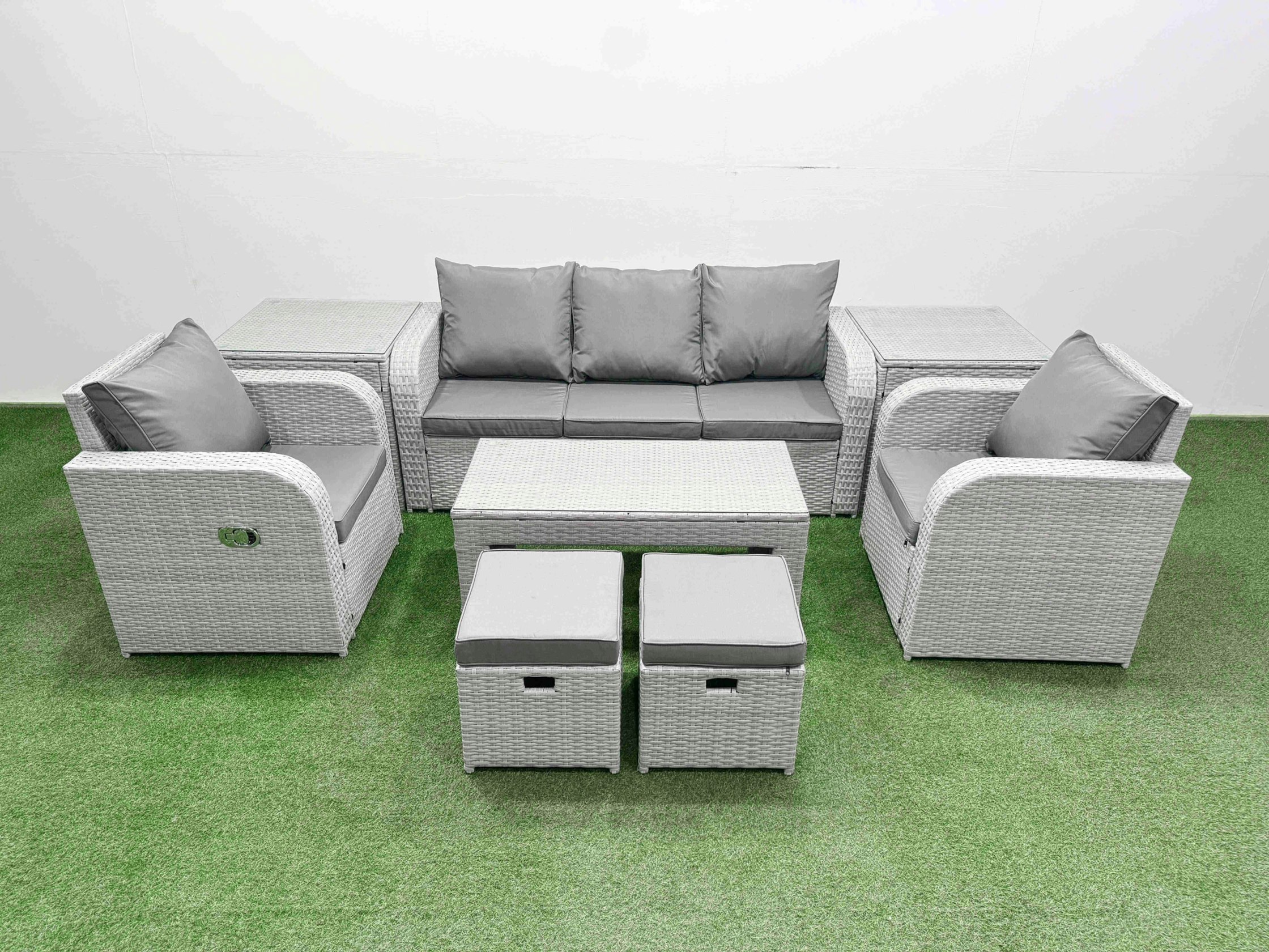 Fimous Light/Grey Pe Rattan Garden Furniture Set Reclining Chair Sofa Lounge Sofa Set Rectangular Coffee Table 2 Side Table 2 Small Stools