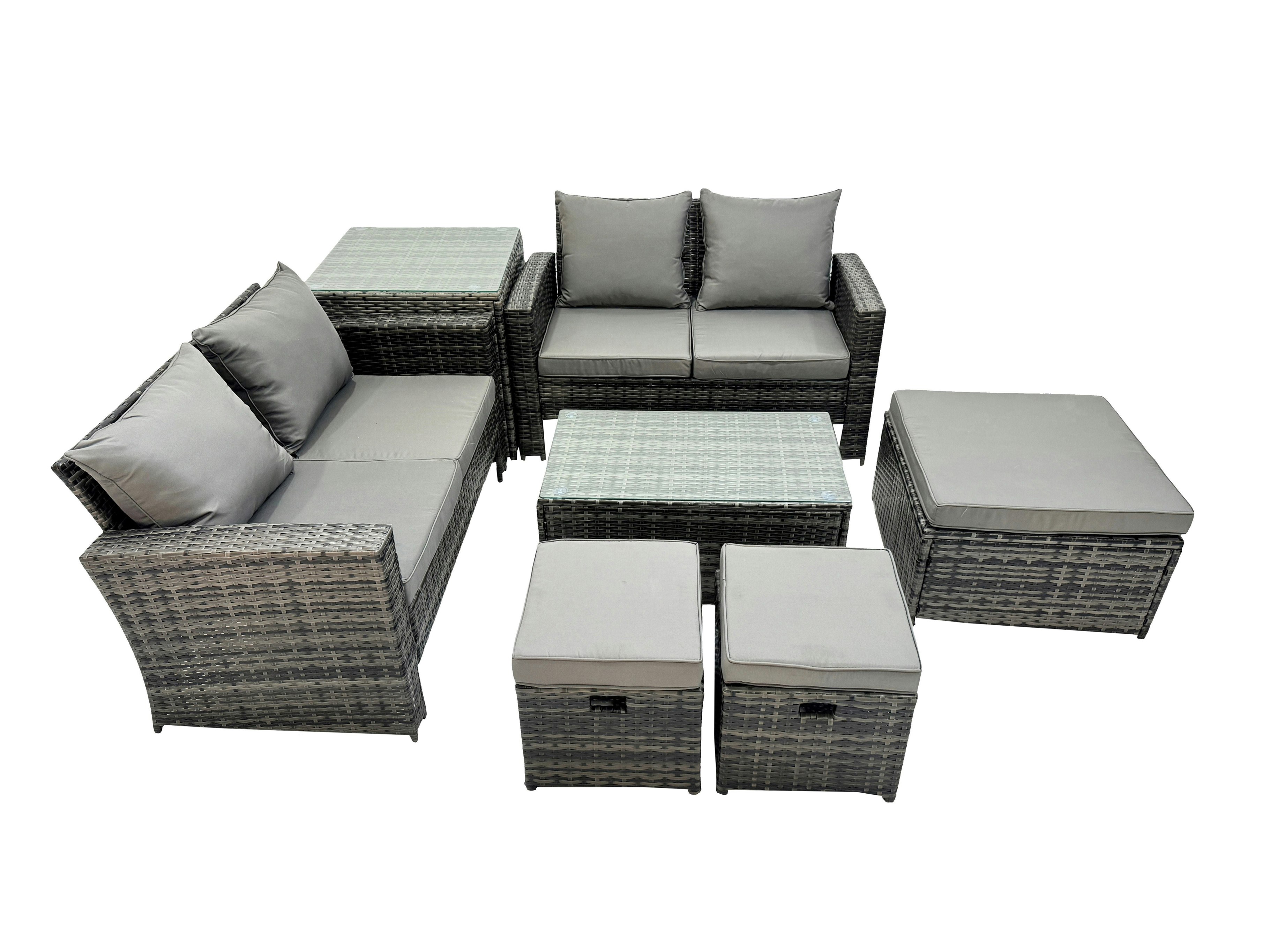 Fimous Dark/Grey Pe Rattan Garden Furniture Set Lounge Double Seat Sofa Coffee Table Set With Side Table 3 Stools Mixedmixed