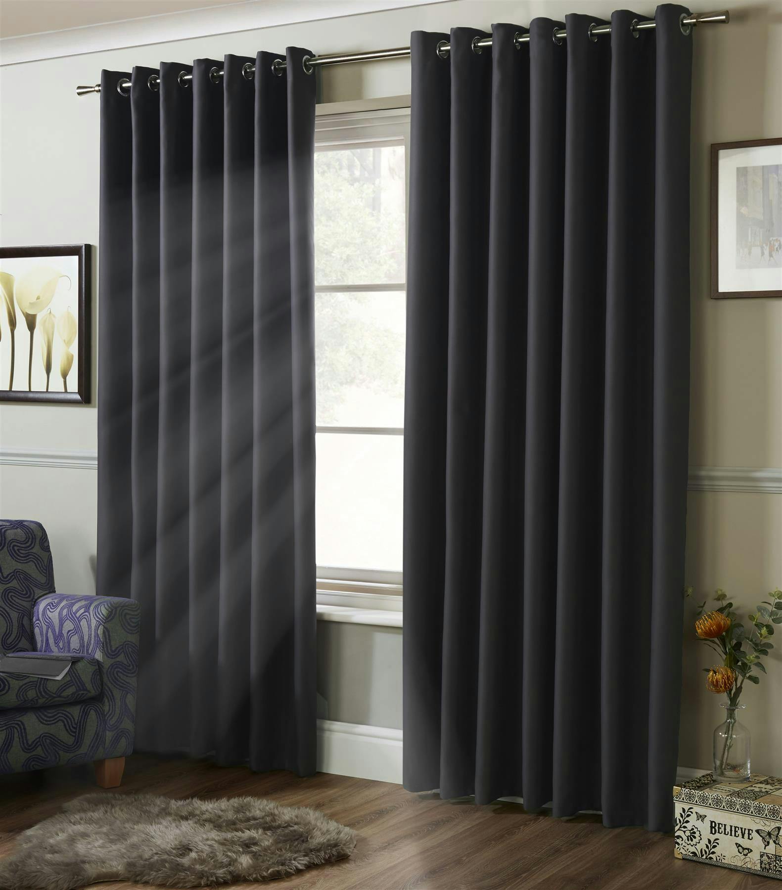Rackhams Light/Black Plain Blackout Ring Top Curtains - Charcoal - 229Cm Width X 183Cm Drop