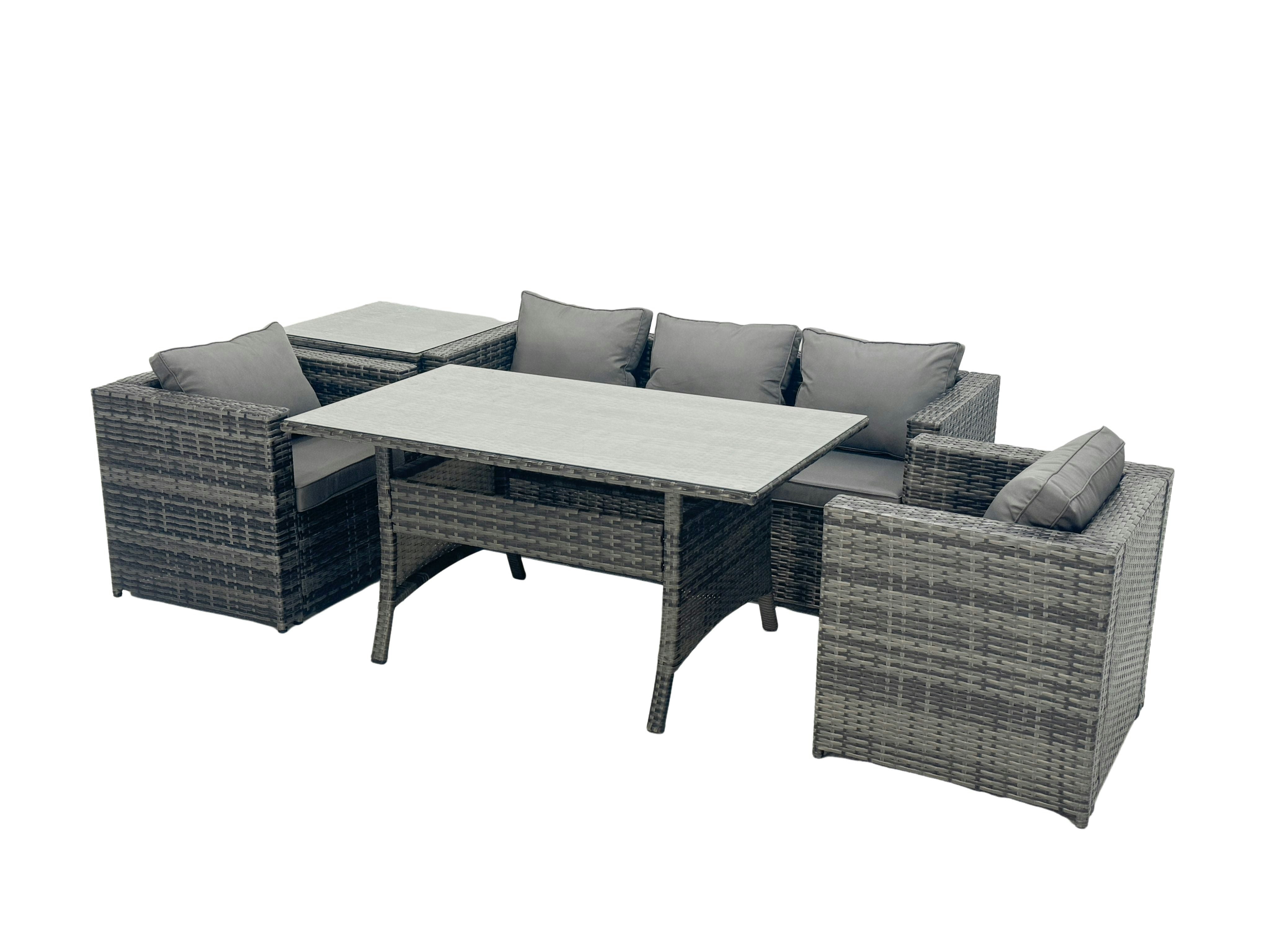 Rackhams Dark/Grey Outdoor Dining Table Sofa Armchair Set With Side Table Garden Furniture Set Mixed