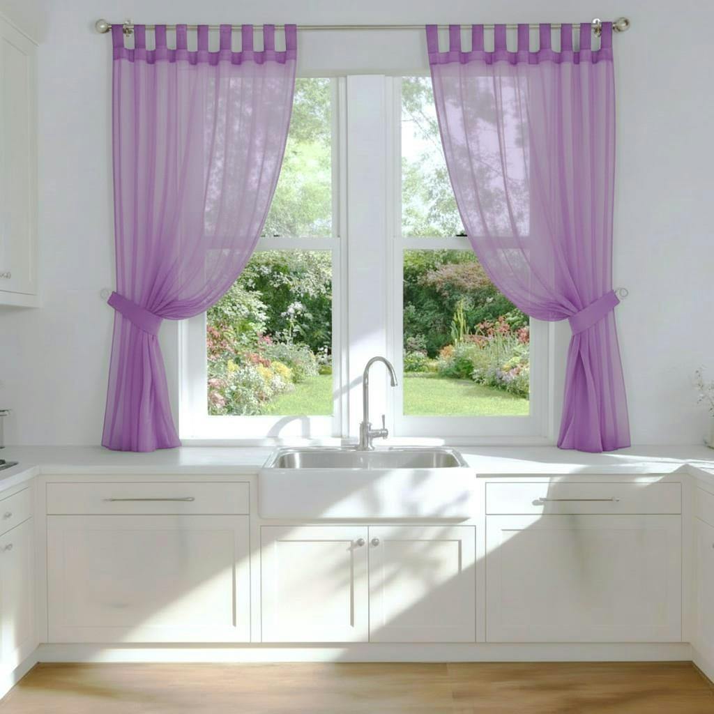 Rackhams Lilac Voile Tab Top Curtain Pair With Crystal Tie Backs Sheer Window Panels - 150Cm Width X 229Cm Drop