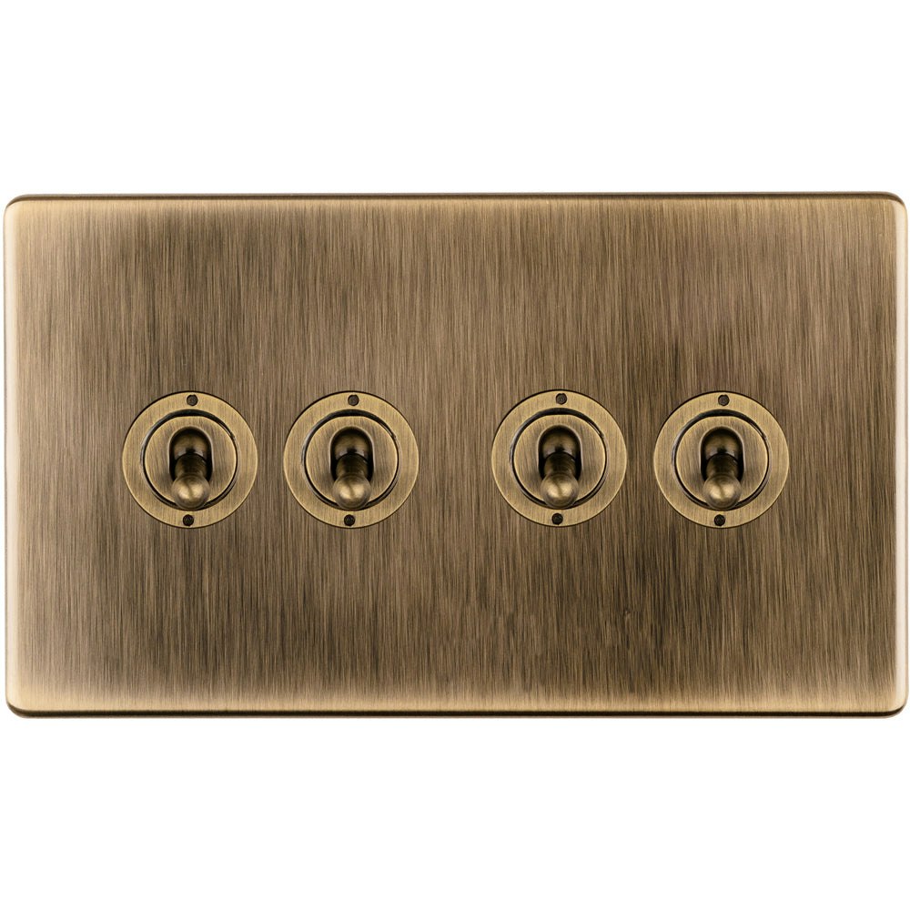 Rackhams Light Gang Quad Retro Toggle Switch Screwless Antique Brass 10A 2 Way Lever Size 4