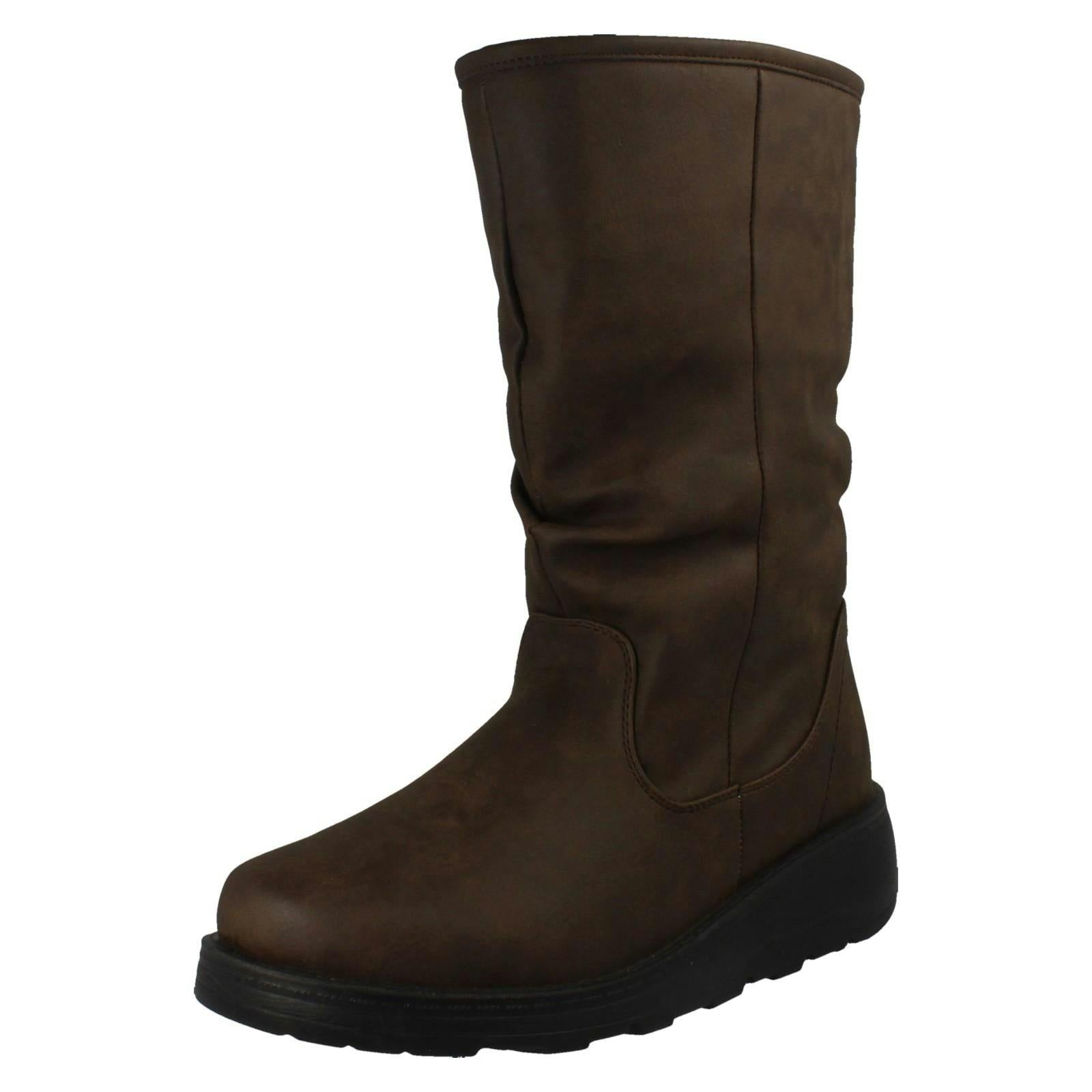 Spot On Women's Brown Fur Lined Zip Up Wide Fit Wedge Heel Mid Calf Boots F4466 - Uk 5