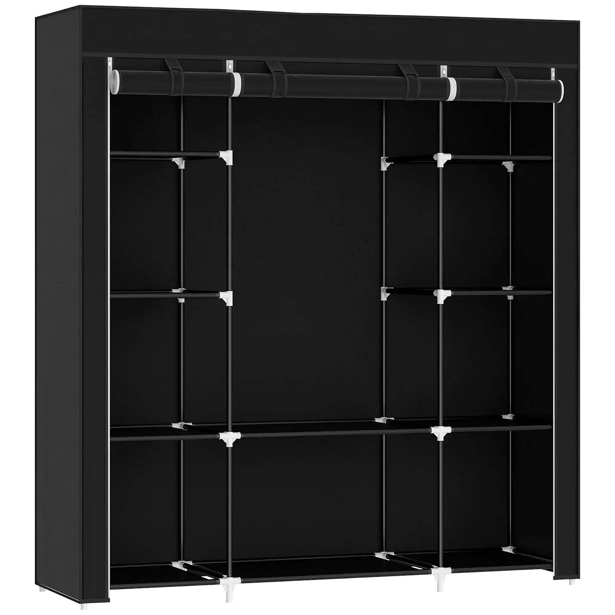 Homcom Fabric Wardrobe Portable Wardrobe With 10 Shelves 1 Hanging Rail Black - Black - Image 6