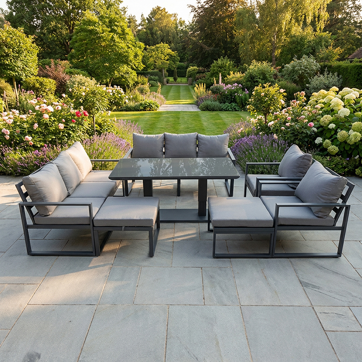 Rackhams Dark/Grey 10 Seater Aluminium Garden Furniture Set With Rising Dining Table, 2 Sofas, 2 Chairs, 2 Footstools
