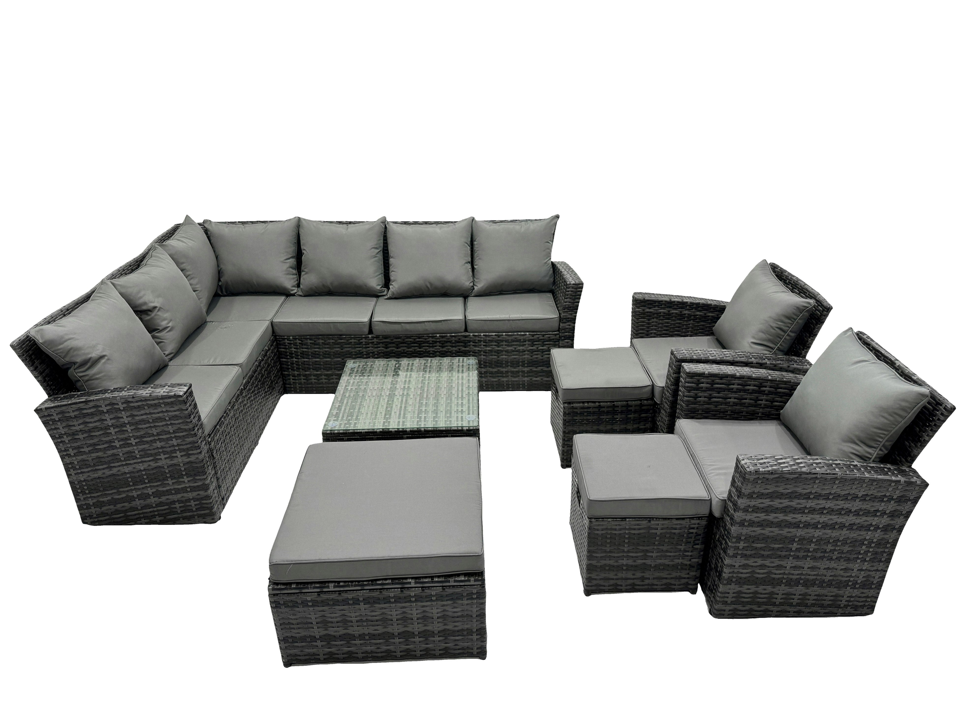 Rackhams Dark/Grey 11 Seat Poly Rattan Outdoor Patio Coffee Table Corner Sofa Set With 3 Stool 2 Chairs For Garden Backyard Mixed